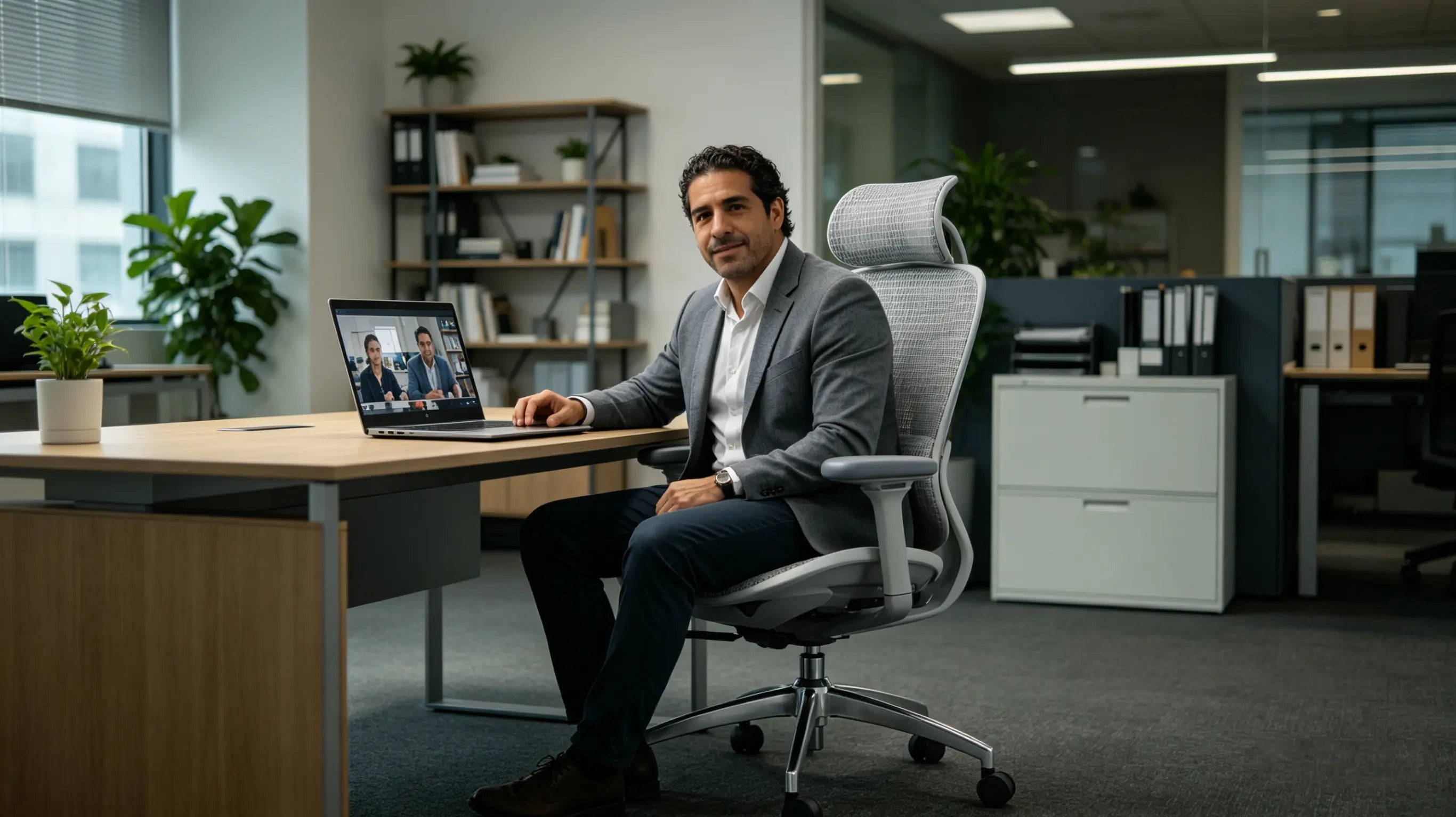 Javier reviewing global ad campaign metrics while sitting on his High Back Ergonomic Mesh Task Chair in a modern Madrid office.