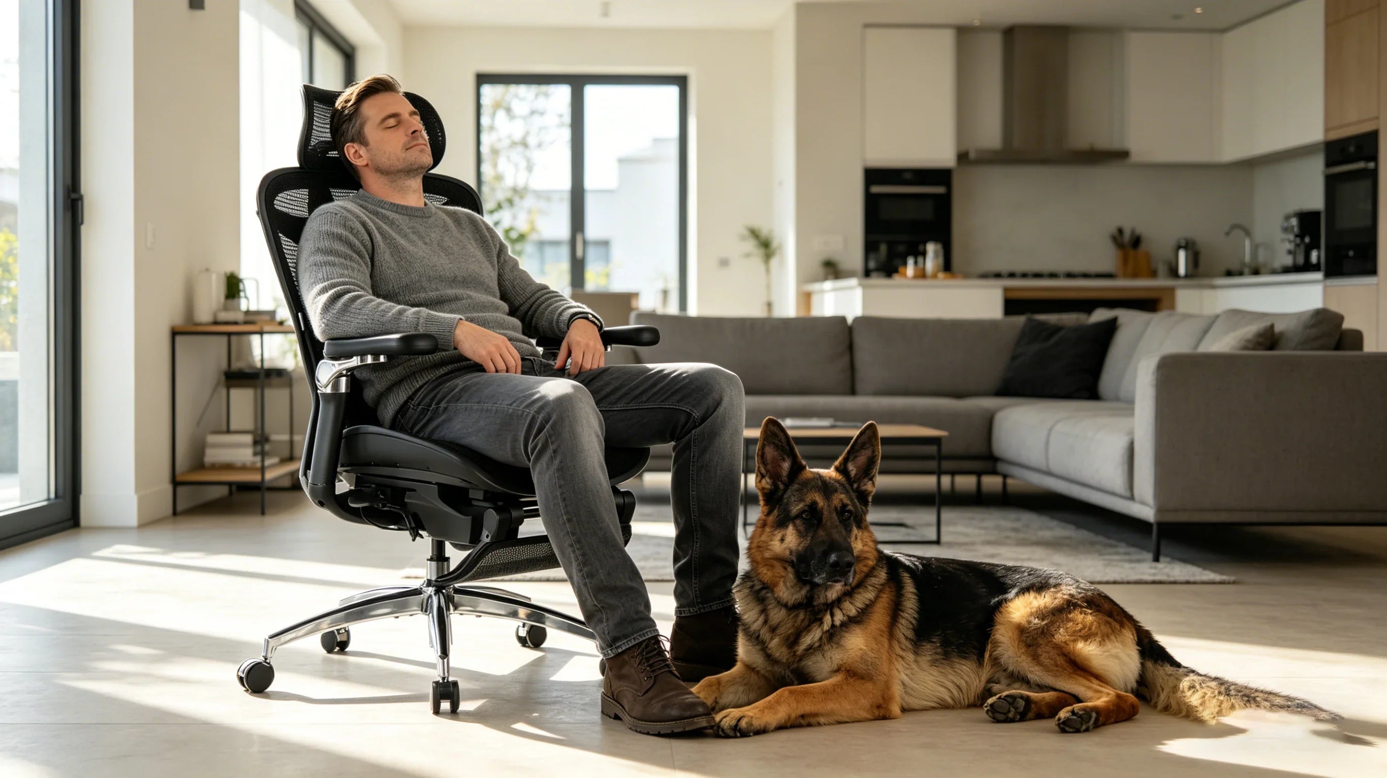 Full view of a 35-year-old male architect in a grey sweater sitting in the [chair comfortable office] in his high-tech studio.