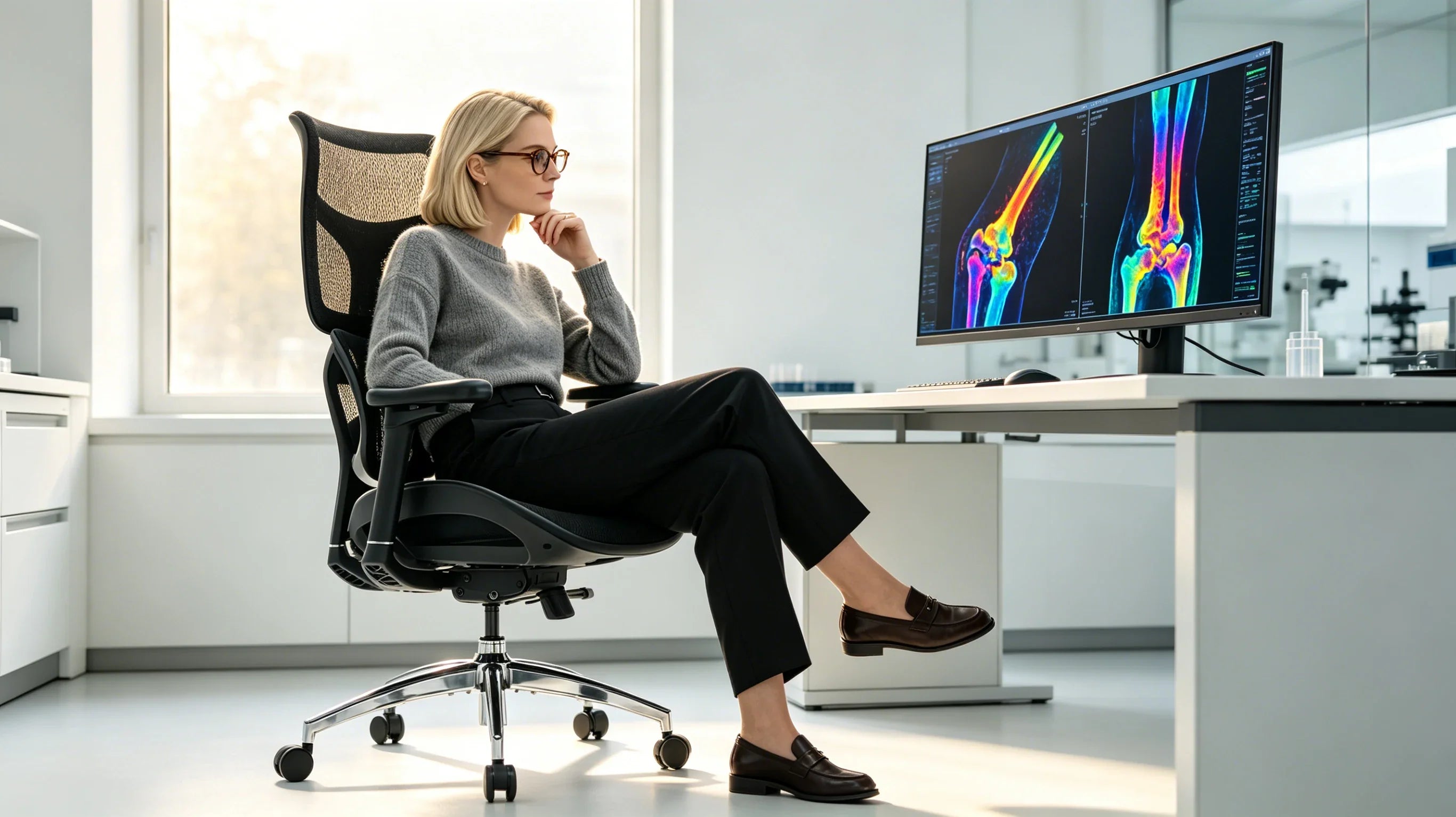Full body shot of Dr. Sterling Vance sitting upright in the [most comfortable desk chair] inside an aerospace mission control room, total figure visible.