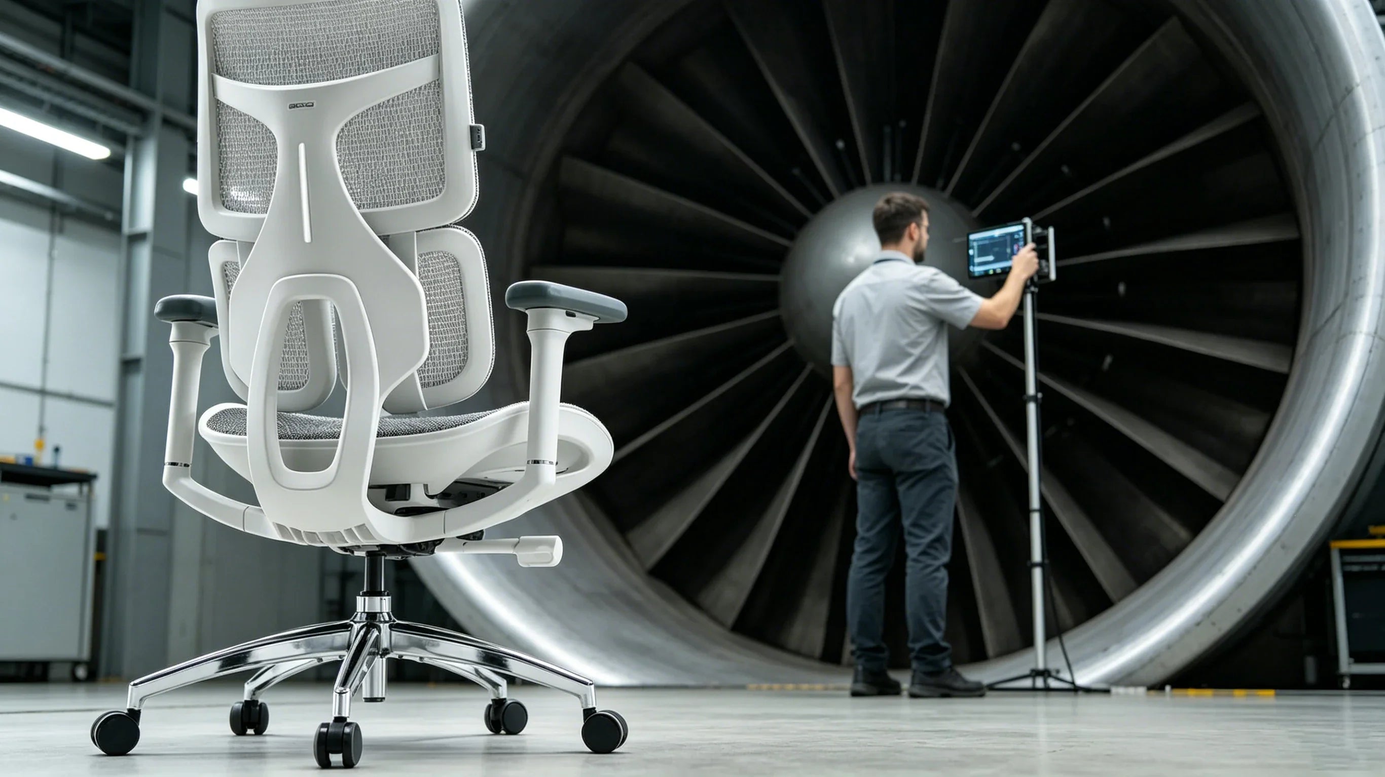 Full body view of Captain Marcus Thorne standing in a high-tech aerospace studio next to a high-end minimalist ergonomic office chair.