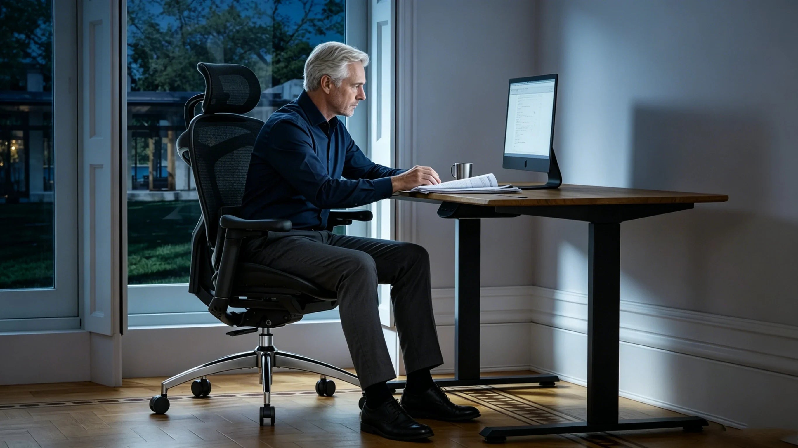 Full body view of a 49-year-old Caucasian male aerospace expert in a navy shirt sitting in the [ergonomic chairs for back problems].