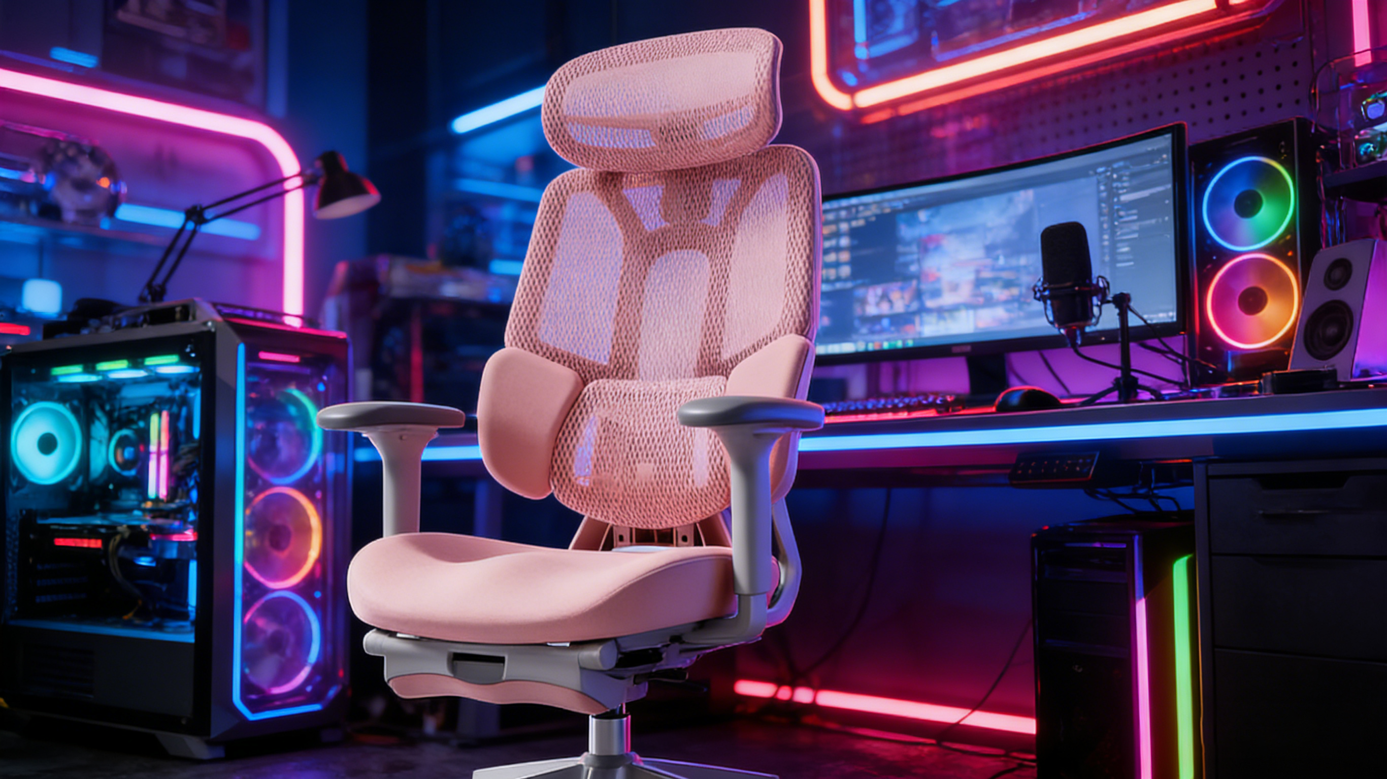 Camera-ready aesthetic of a pink gaming chair for streaming