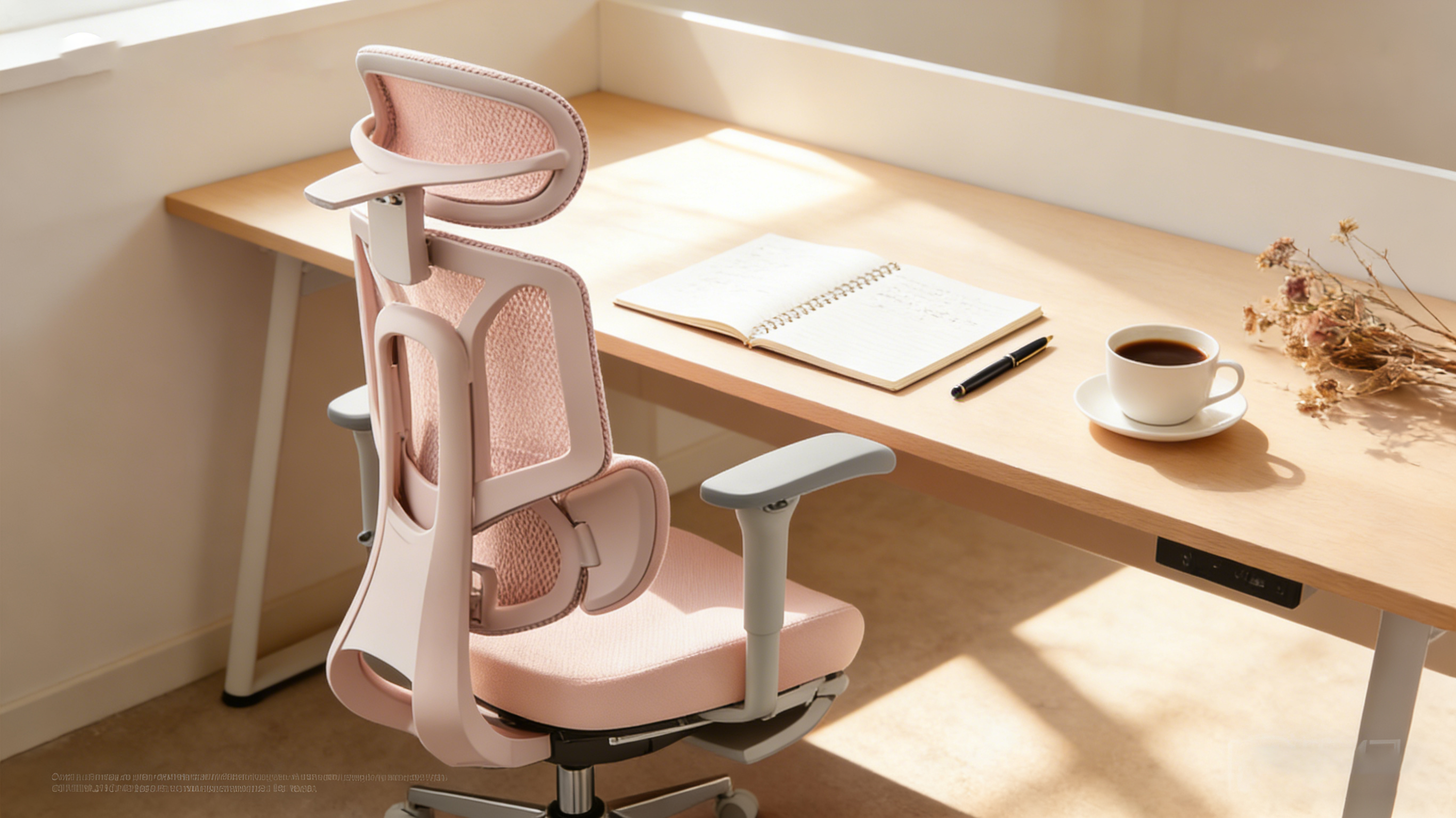 Modern aesthetic workspace featuring a pink ergometric office chair