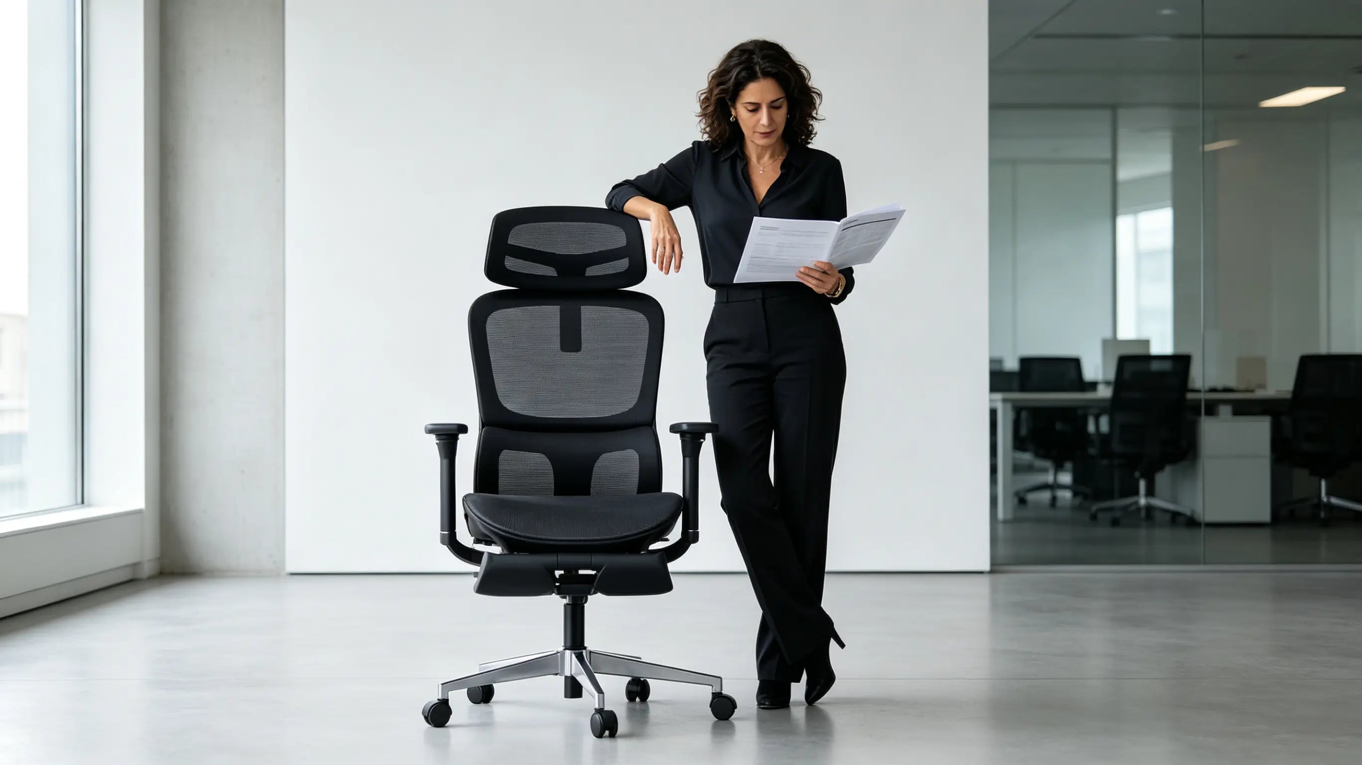 Doña Beatriz, directora de estrategia global de 44 años, analizando una fusión transnacional en su silla oficina ergonómica Ergo Select en Madrid.