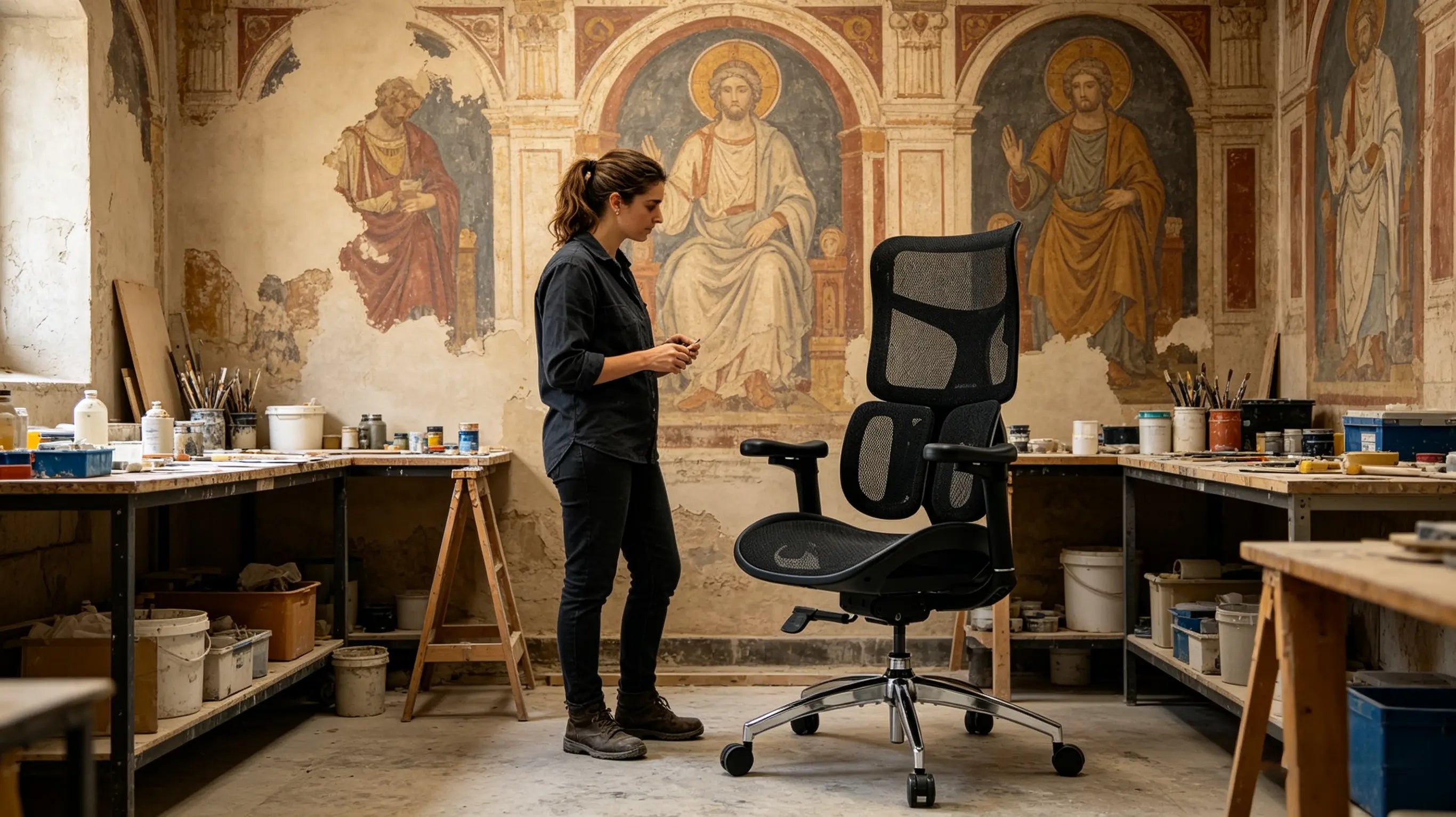Mireia trabajando en la restauración de un mural antiguo sentada en la mejor silla de oficina de Ergo Select.