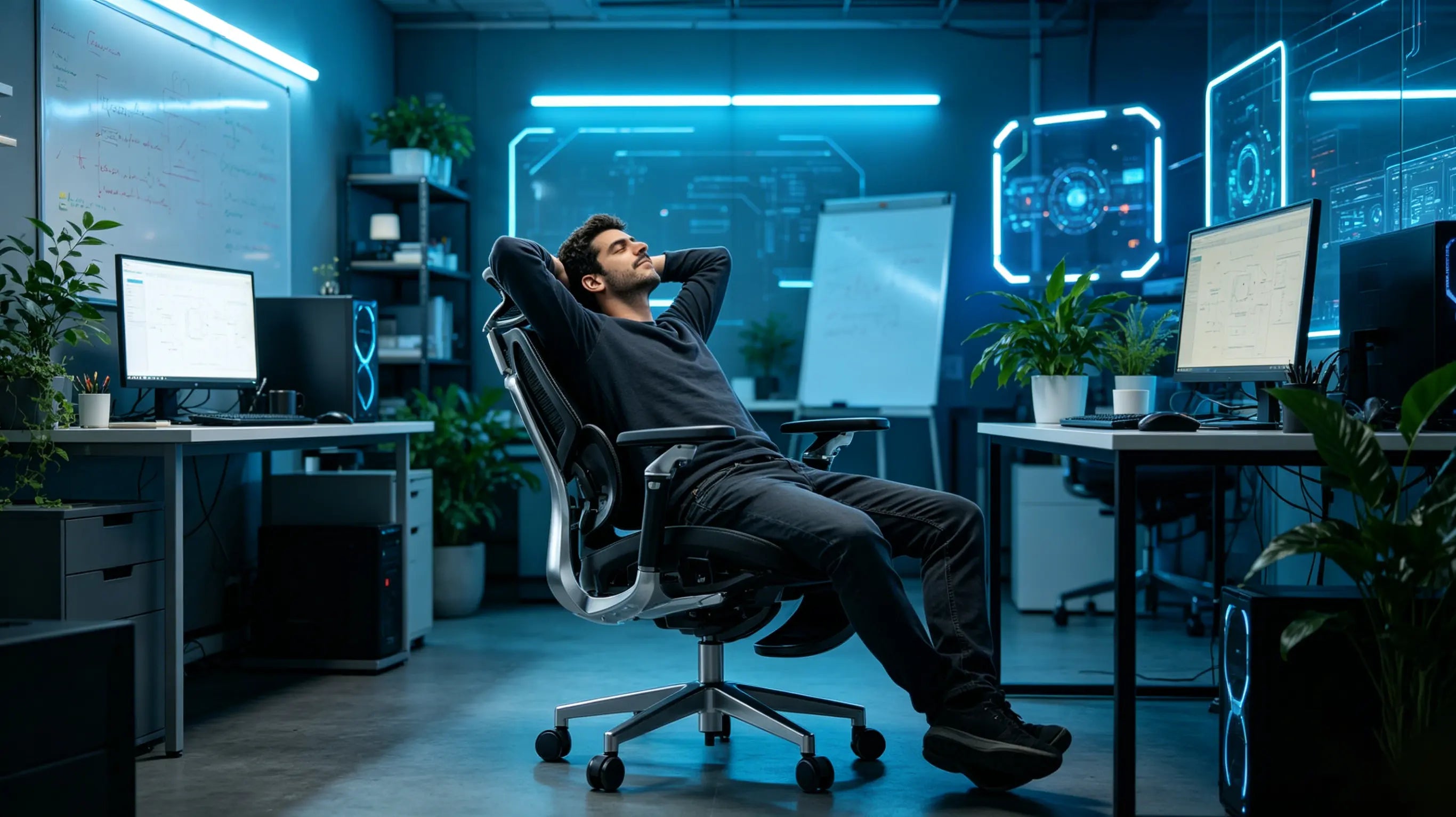 Emprendedor solitario operando múltiples proyectos con sillas de oficina ergonomicas Ergo Select.