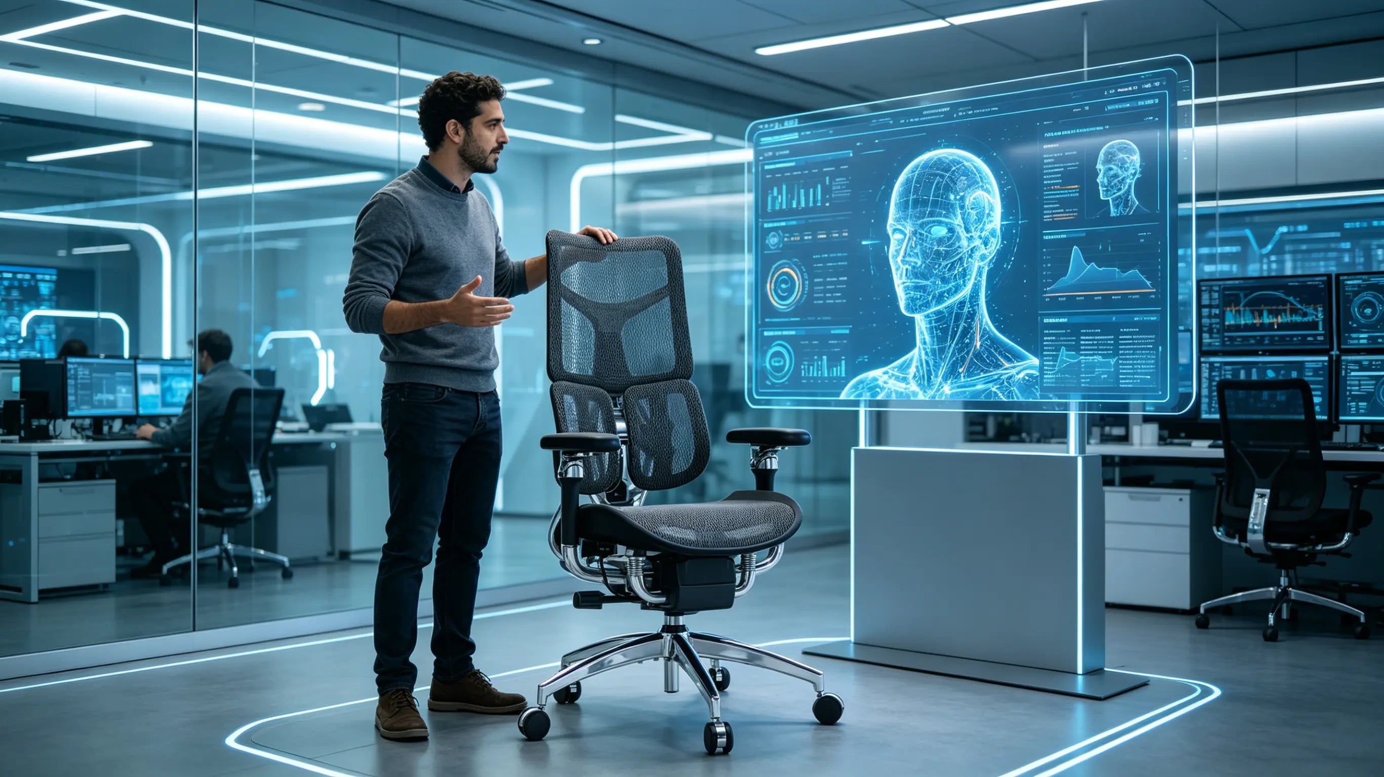 Clara labeling data for AI models while sitting on her new sillón ergonómico of Ergo Select in Oviedo