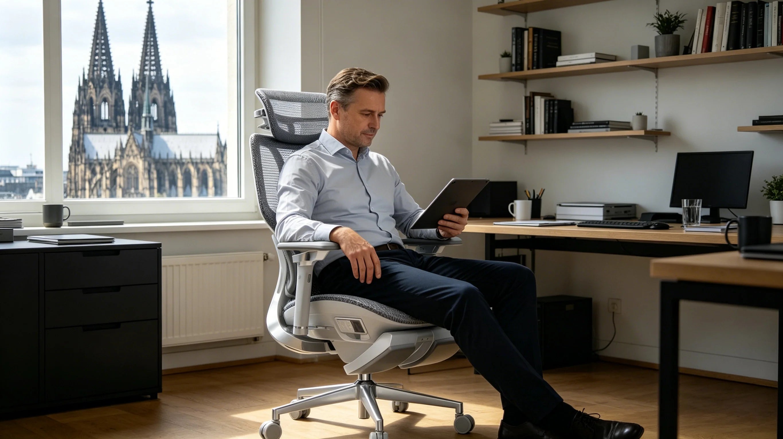 Stefan Kühn nutzt den ergonomischen Bürostuhl AI 720 zur Prävention von Rückenproblemen.