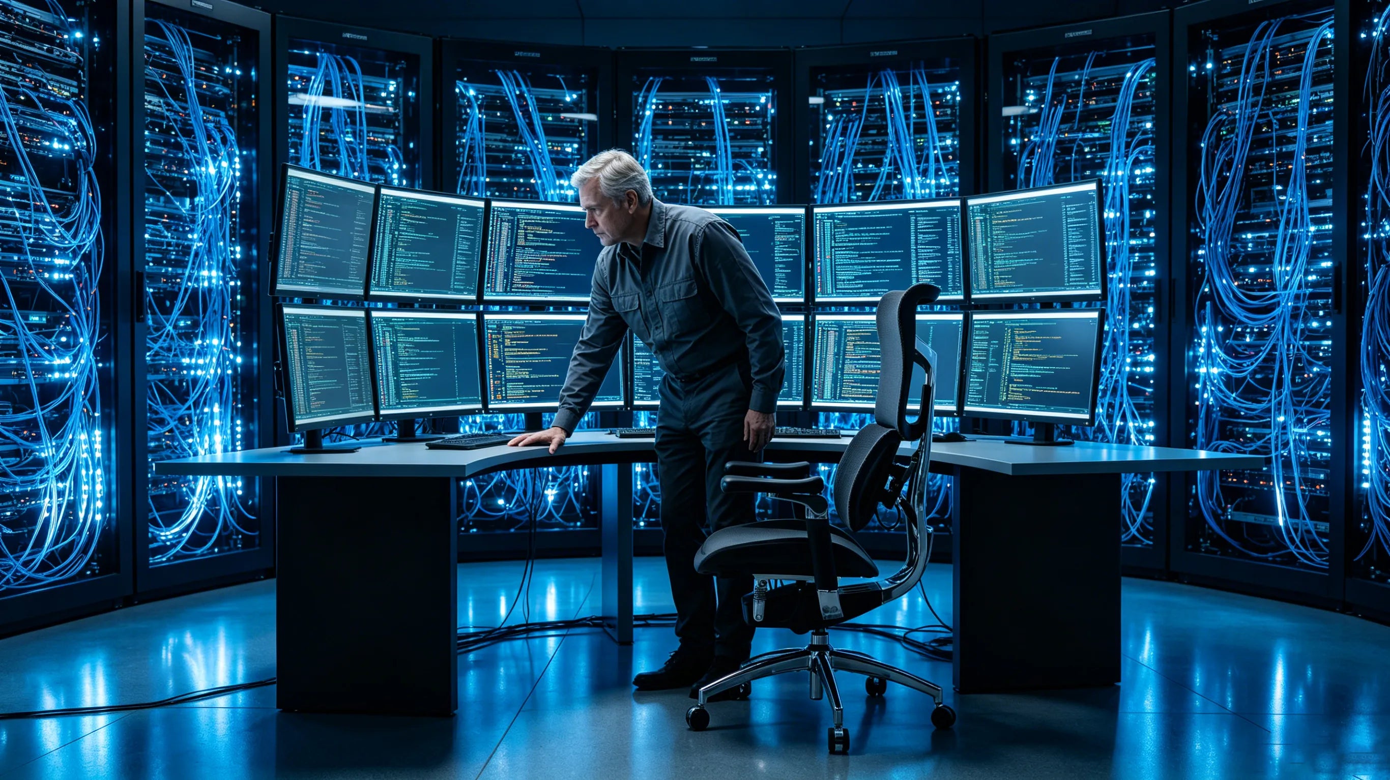 A senior Caucasian engineer standing near the best ergonomic task chair inside an alpine glass-walled laboratory.