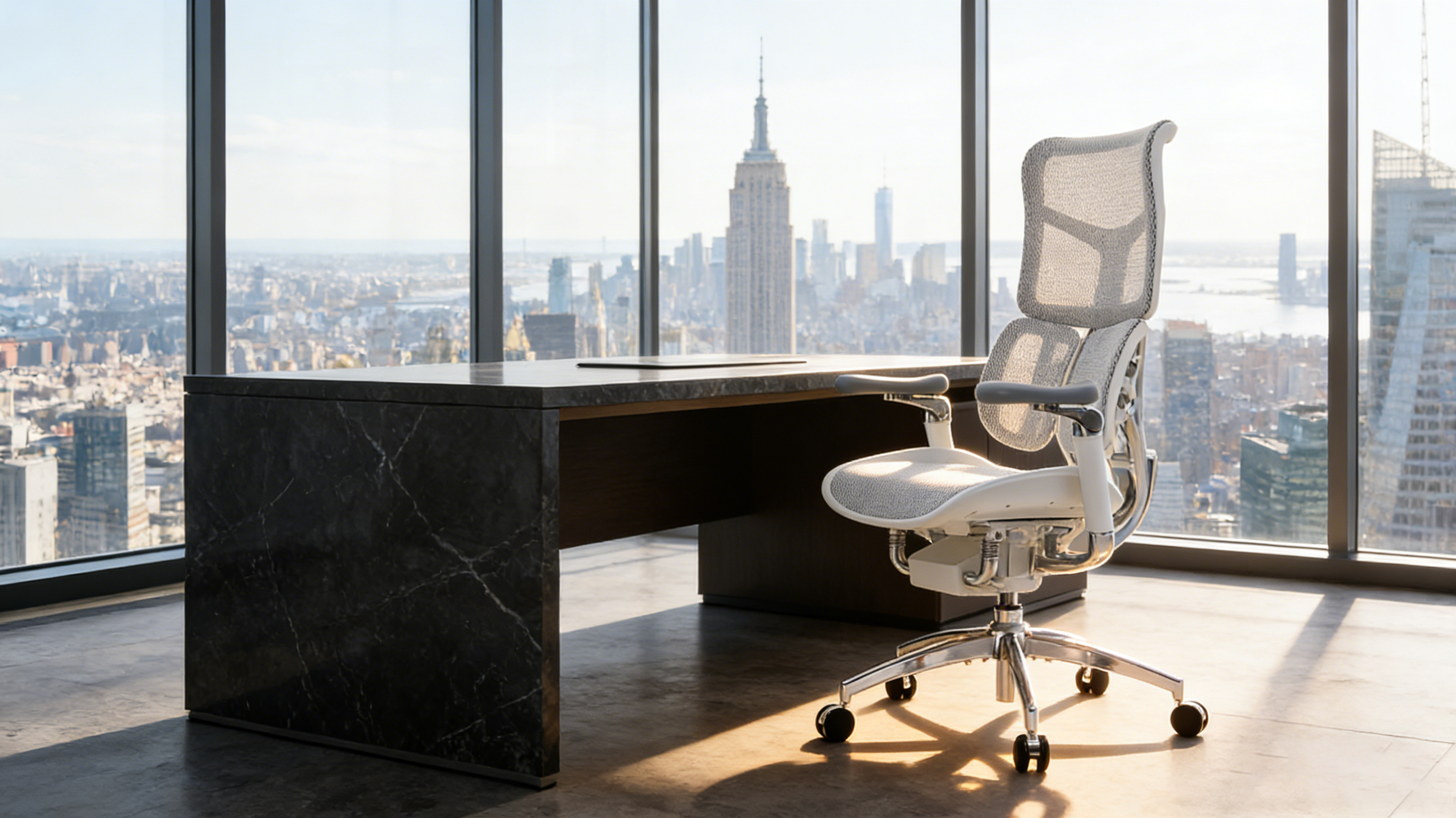 Premium material contrast on a high-back ergometric office chair