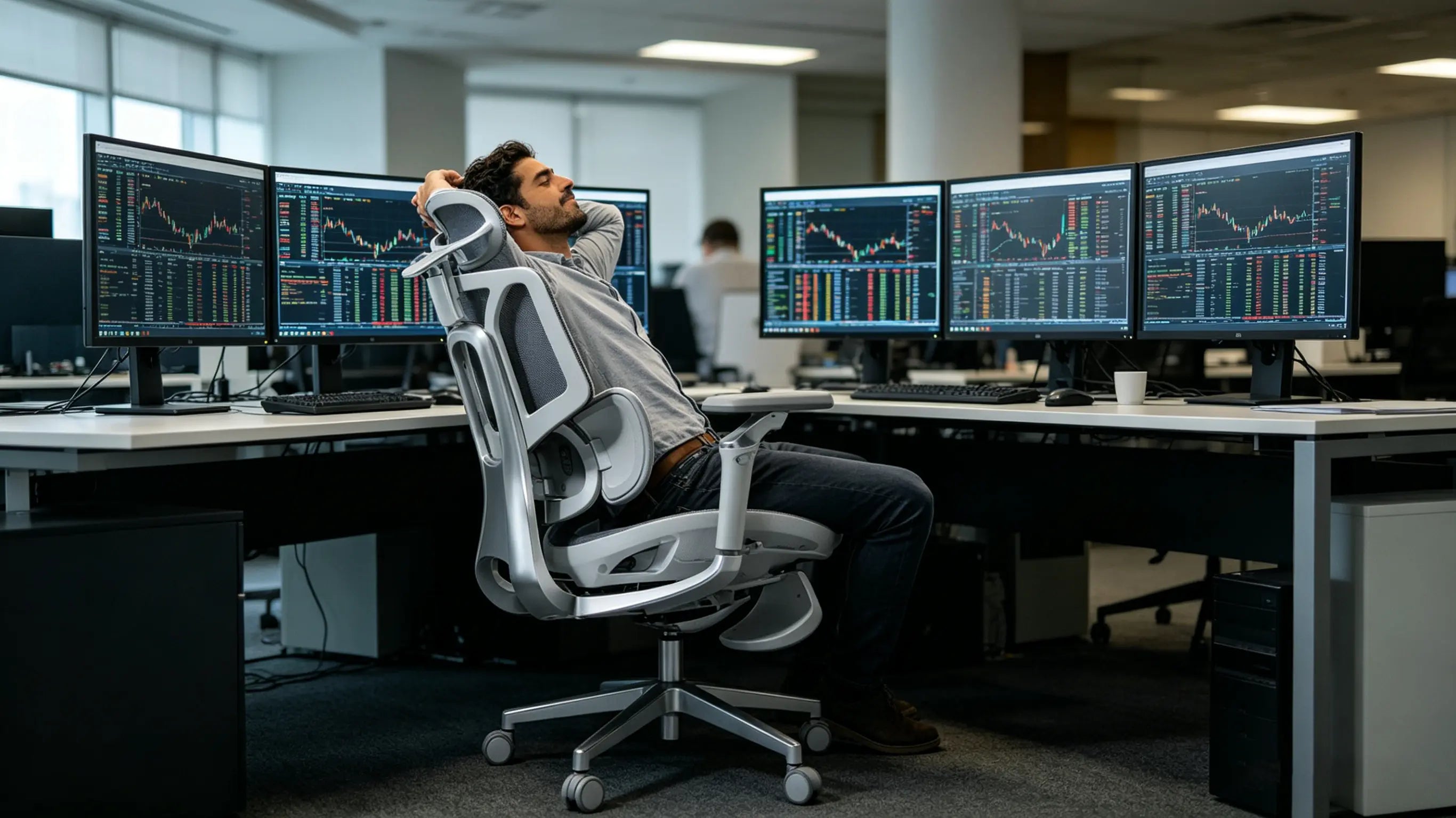 Trader profesional operando con múltiples monitores en la mejor silla de oficina de Ergo Select