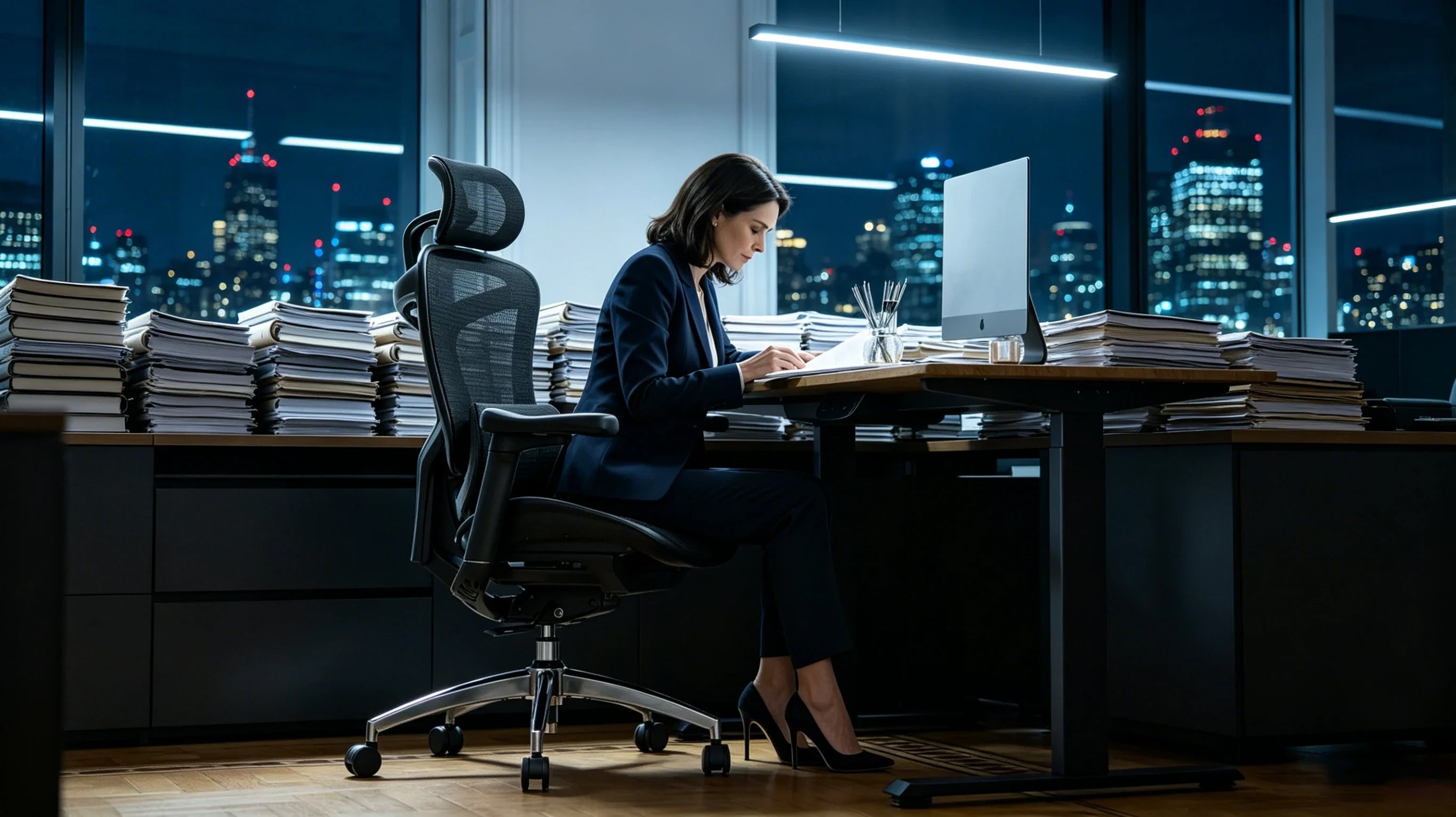 Full body view of a 48-year-old Caucasian female legal expert in a navy suit sitting in the [chair office back support].