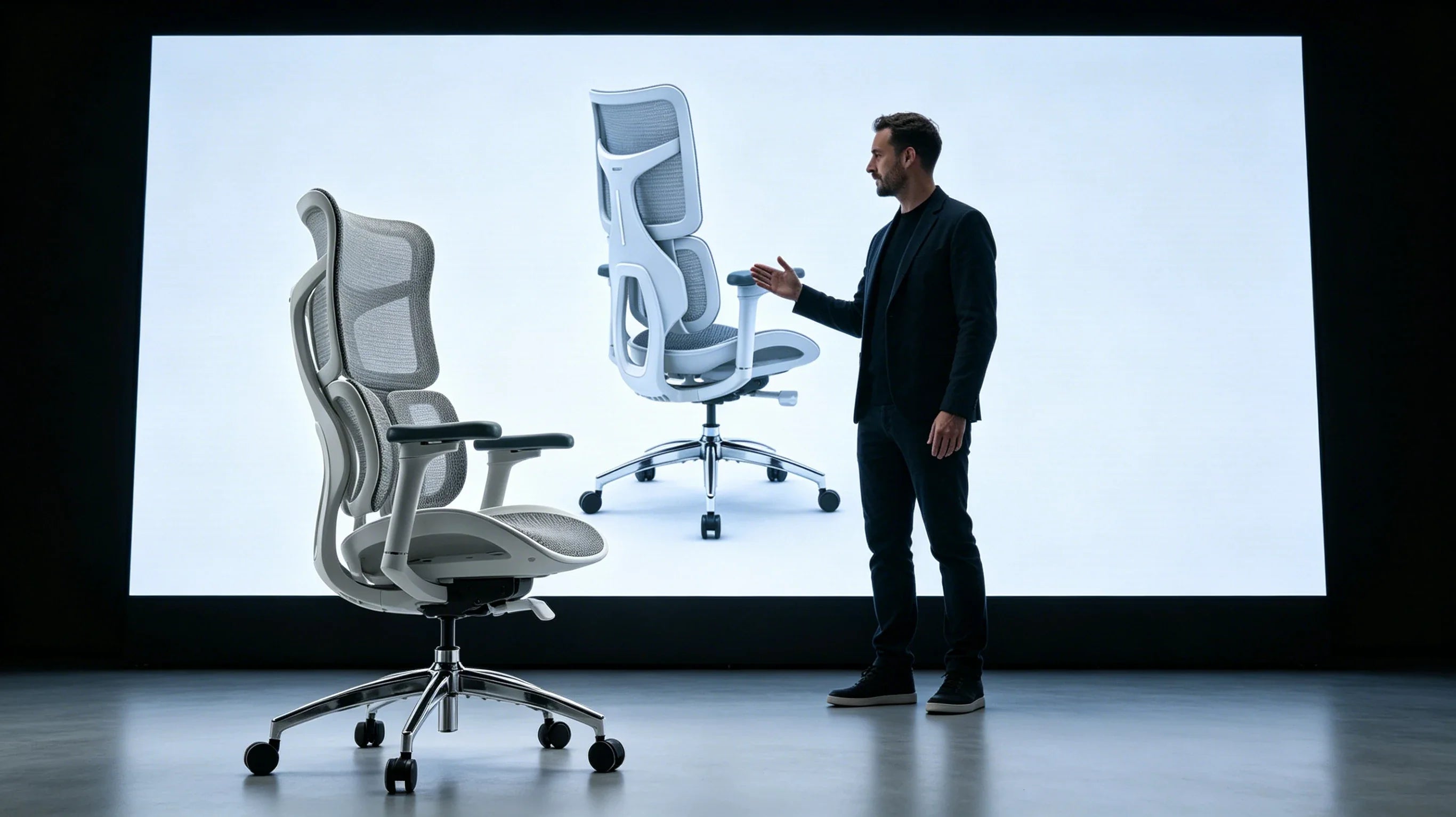 Full body shot of Elias Sterling standing in a sunlit architectural atelier next to a high-end minimalist ergonomic office chair.