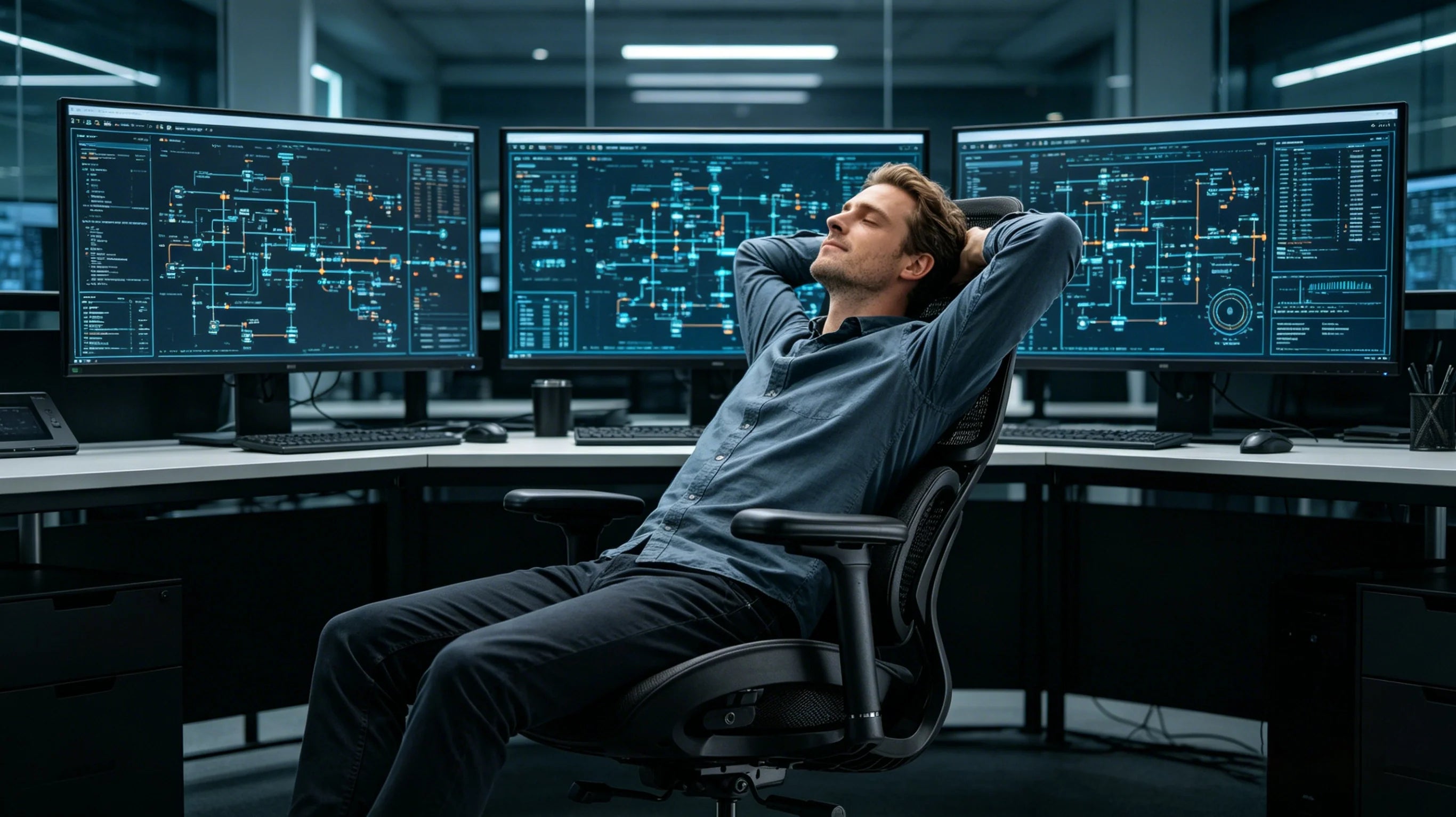 A senior architect utilizing the 140-degree recline on the ergonomic office chair for a restorative brainstorming break.