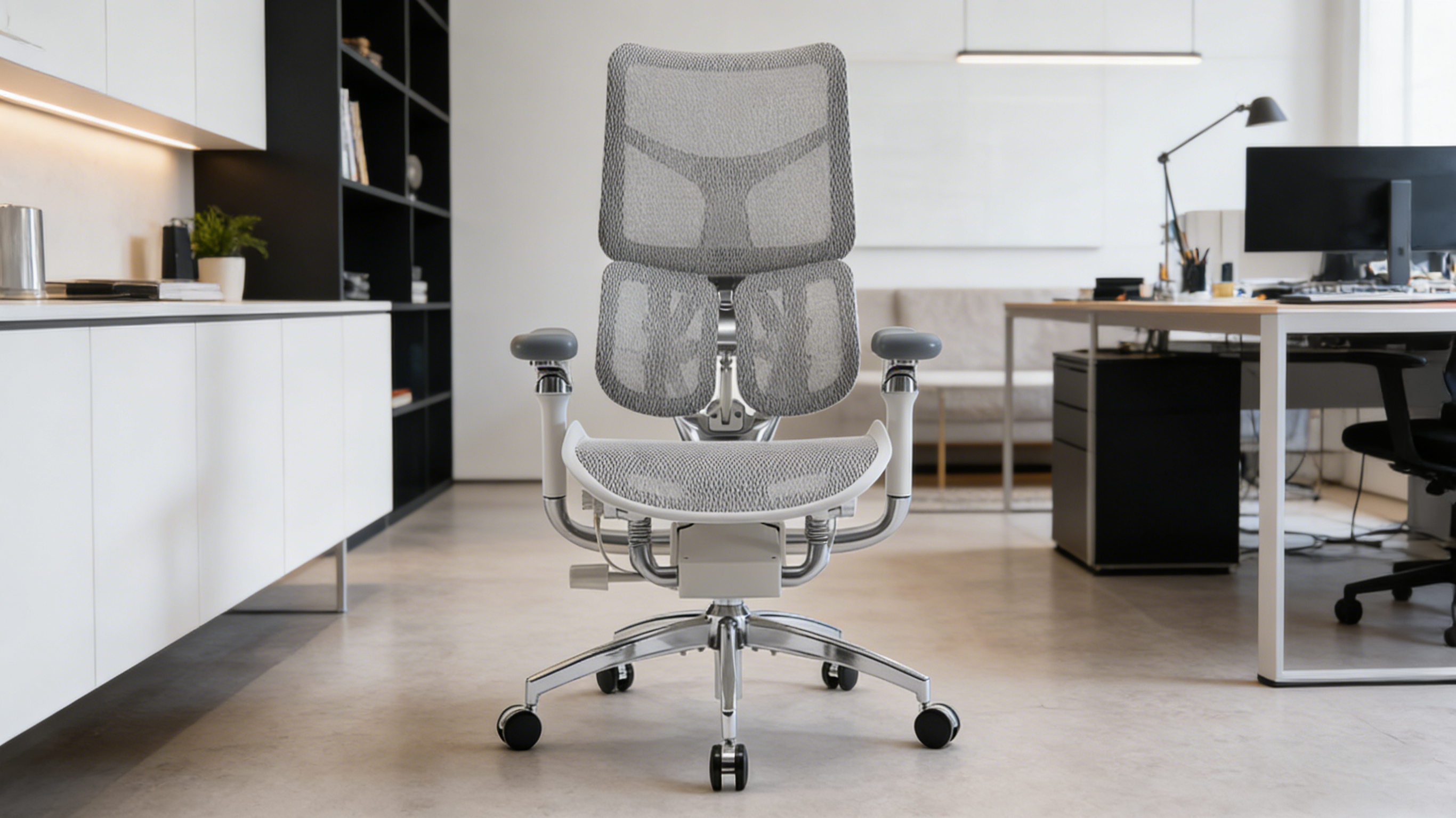 Sleek architectural silhouette of a high-back desk chair