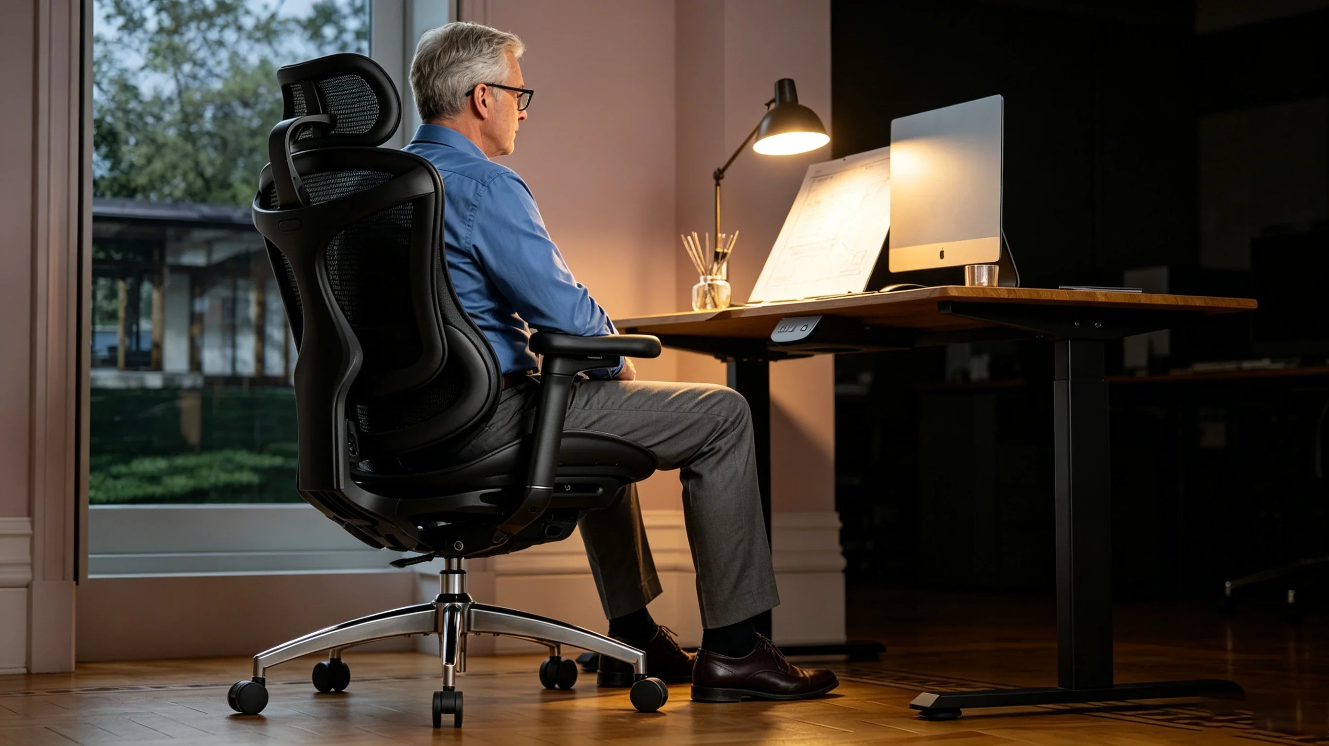 Full body view of a 46-year-old Caucasian male architect in a blue linen shirt sitting in the [lower back support chairs].