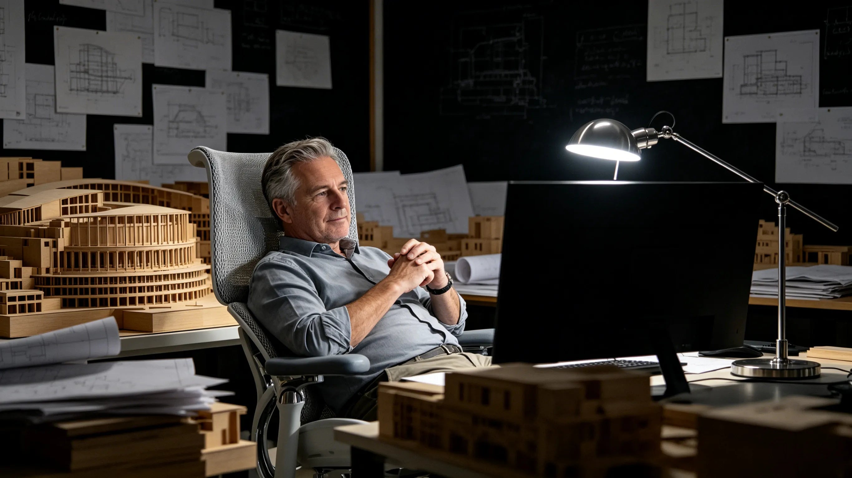 A male artisan director holding a warm cup of tea while sitting in the best ergonomic desk chair during his early morning sketching session.