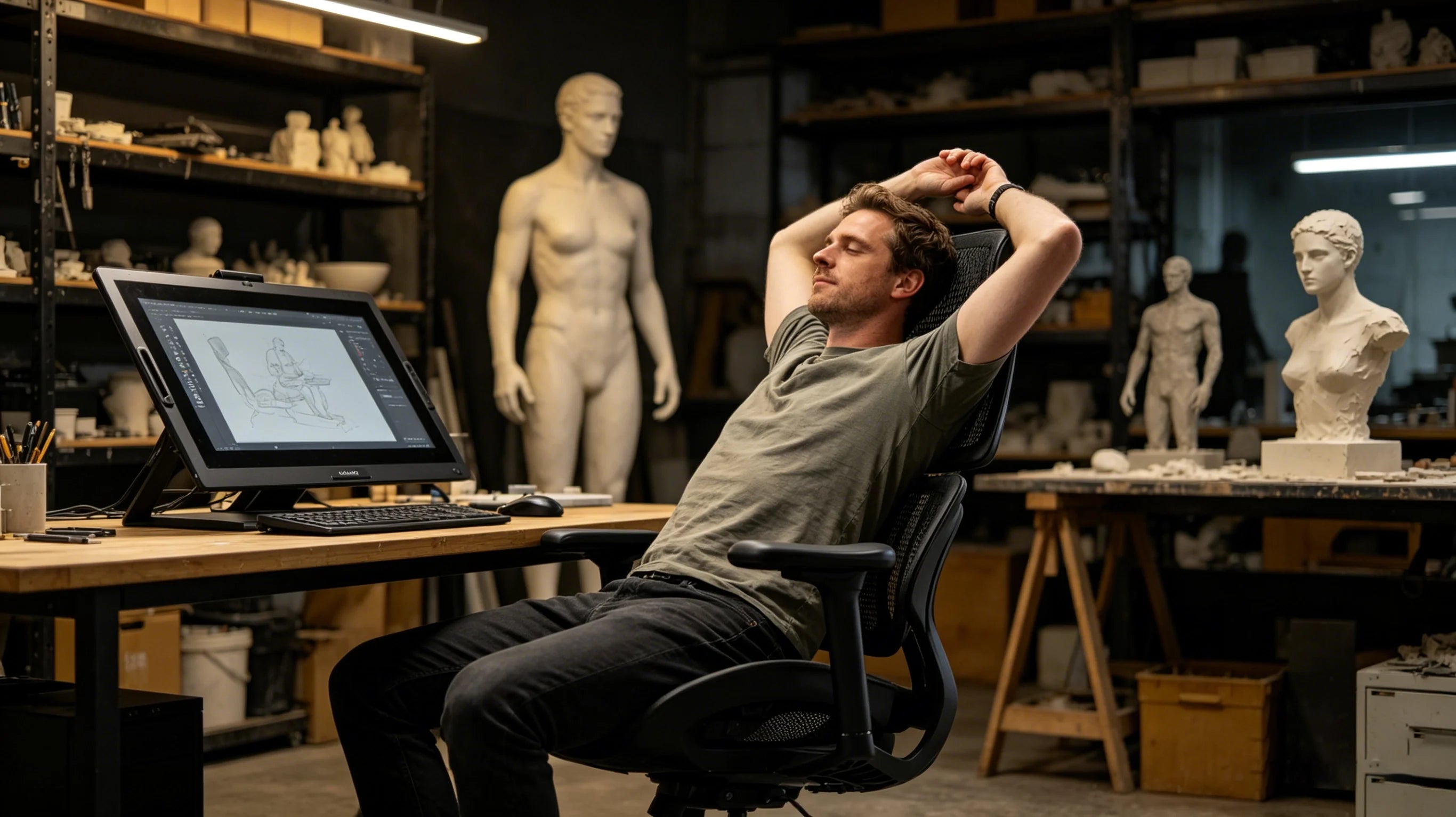 A senior concept artist utilizing the 140-degree recline on the ergonomic office chair for a restorative break.