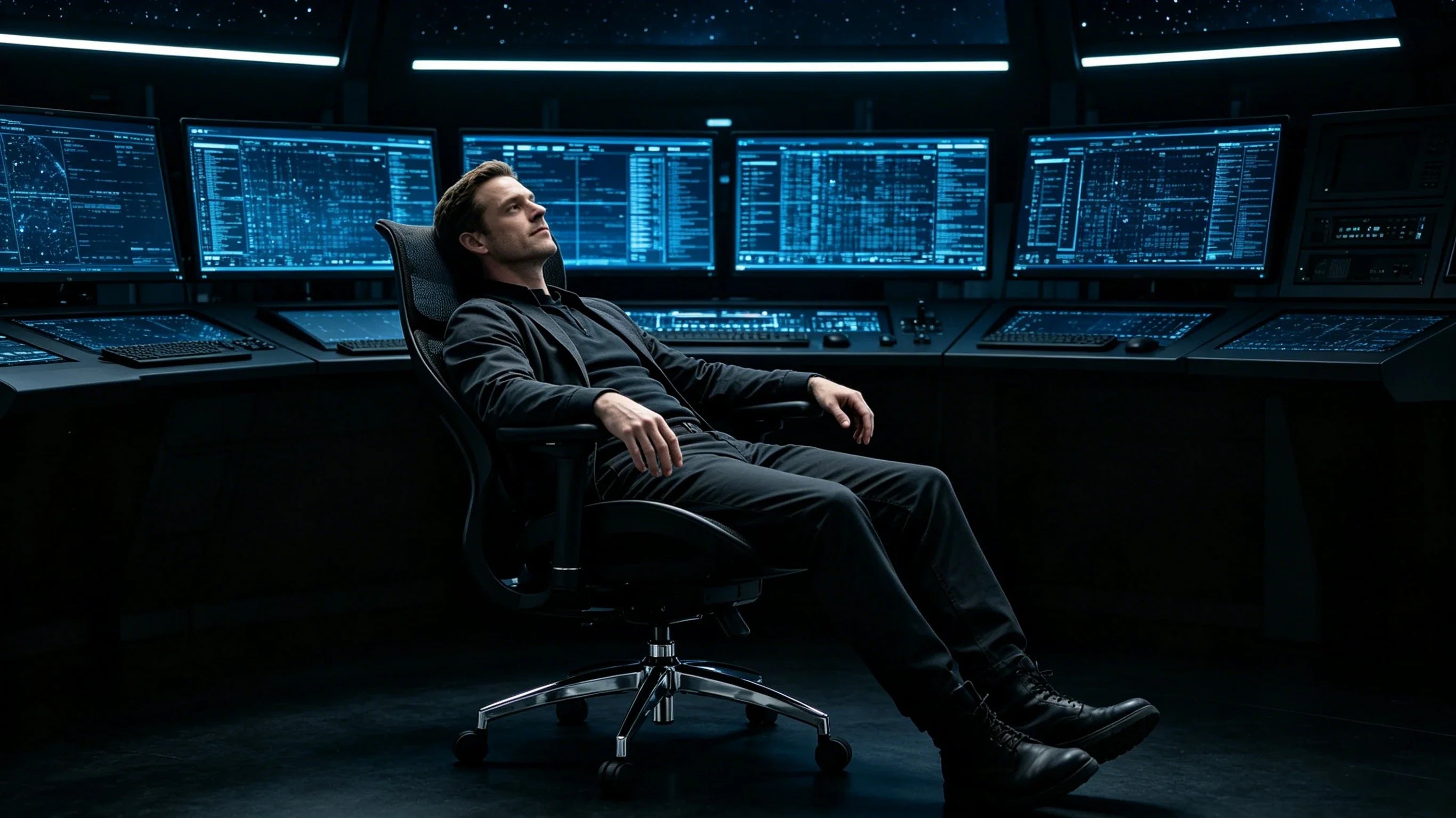 Full body shot of Garrick Vance sitting intently in the [best chair for ergonomics] at a deep-space telemetry panel, total figure visible.