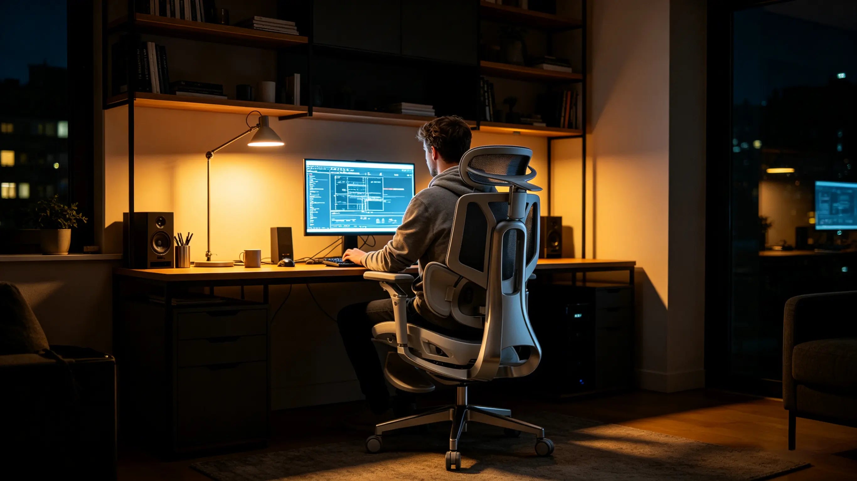 Nahaufnahme der bionischen Doppel-Rückenlehne eines ergonomischen Bürostuhls zur gezielten Unterstützung der Lendenwirbel L4-L5.