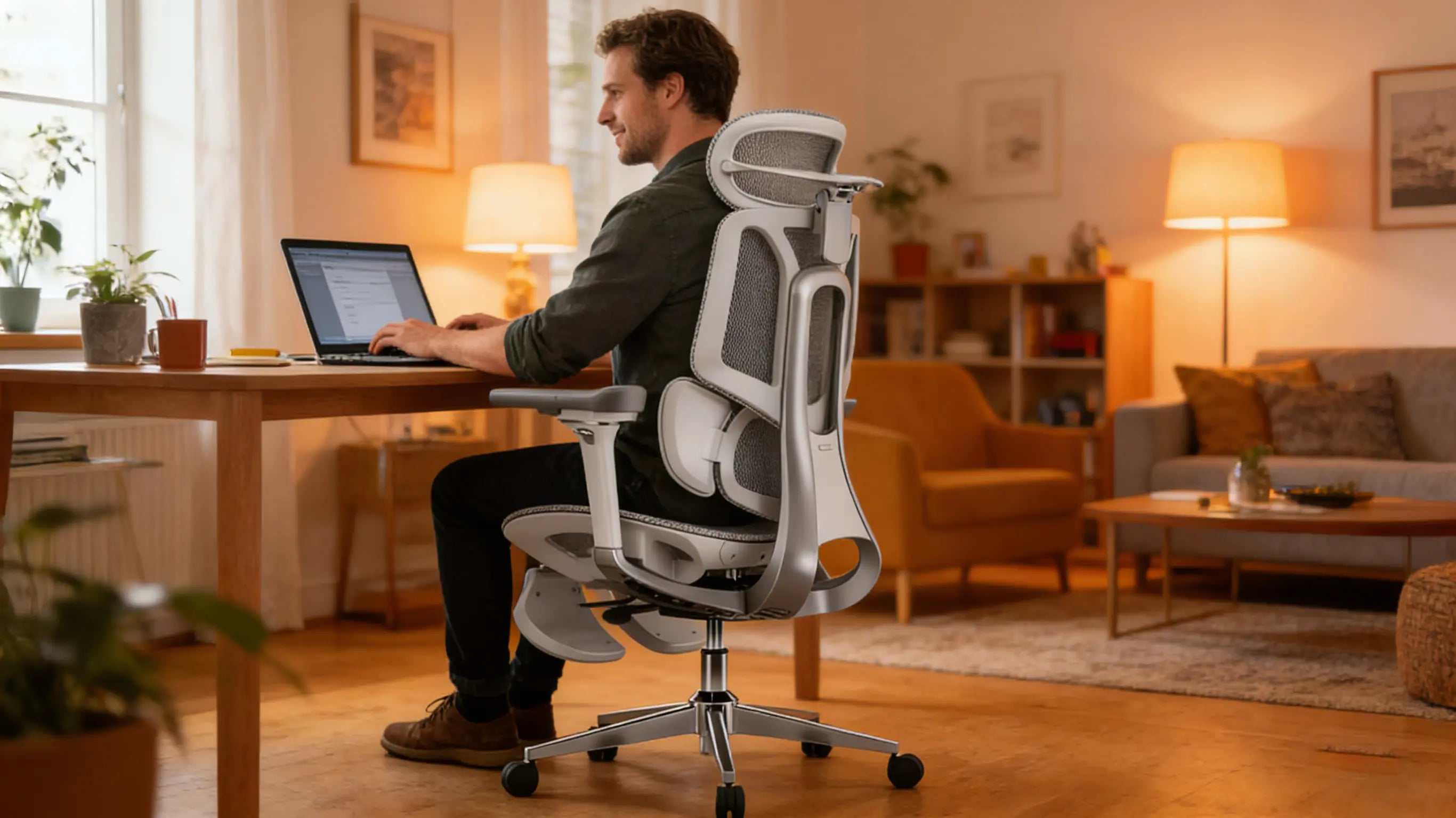 Ein motivierter Nutzer arbeitet schmerzfrei auf einem ergonomischer bürostuhl von Ergo Select.