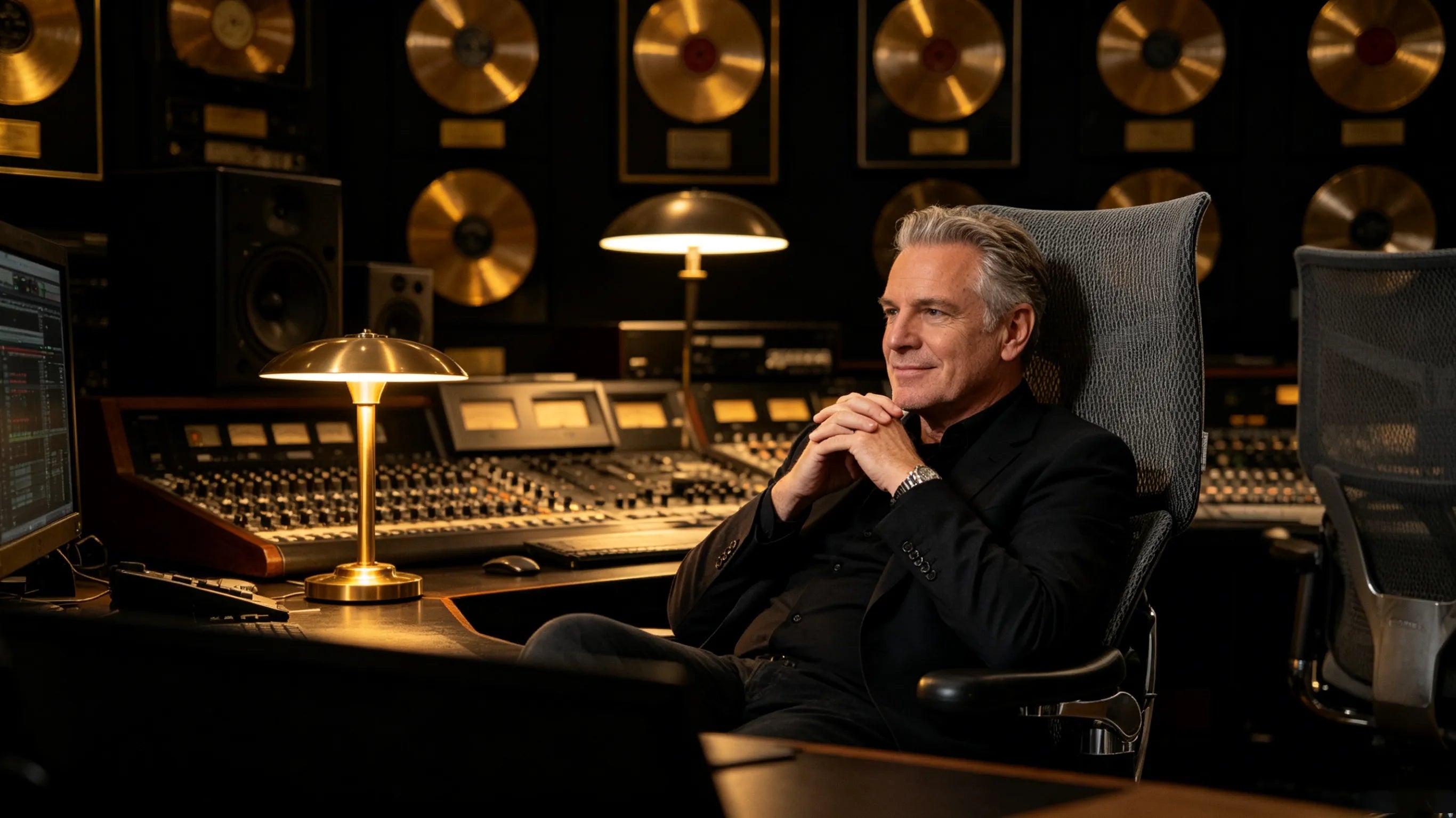 A male audio engineer holding a hot mug while sitting in a premium ergonomic office chair during an early morning tracking session.