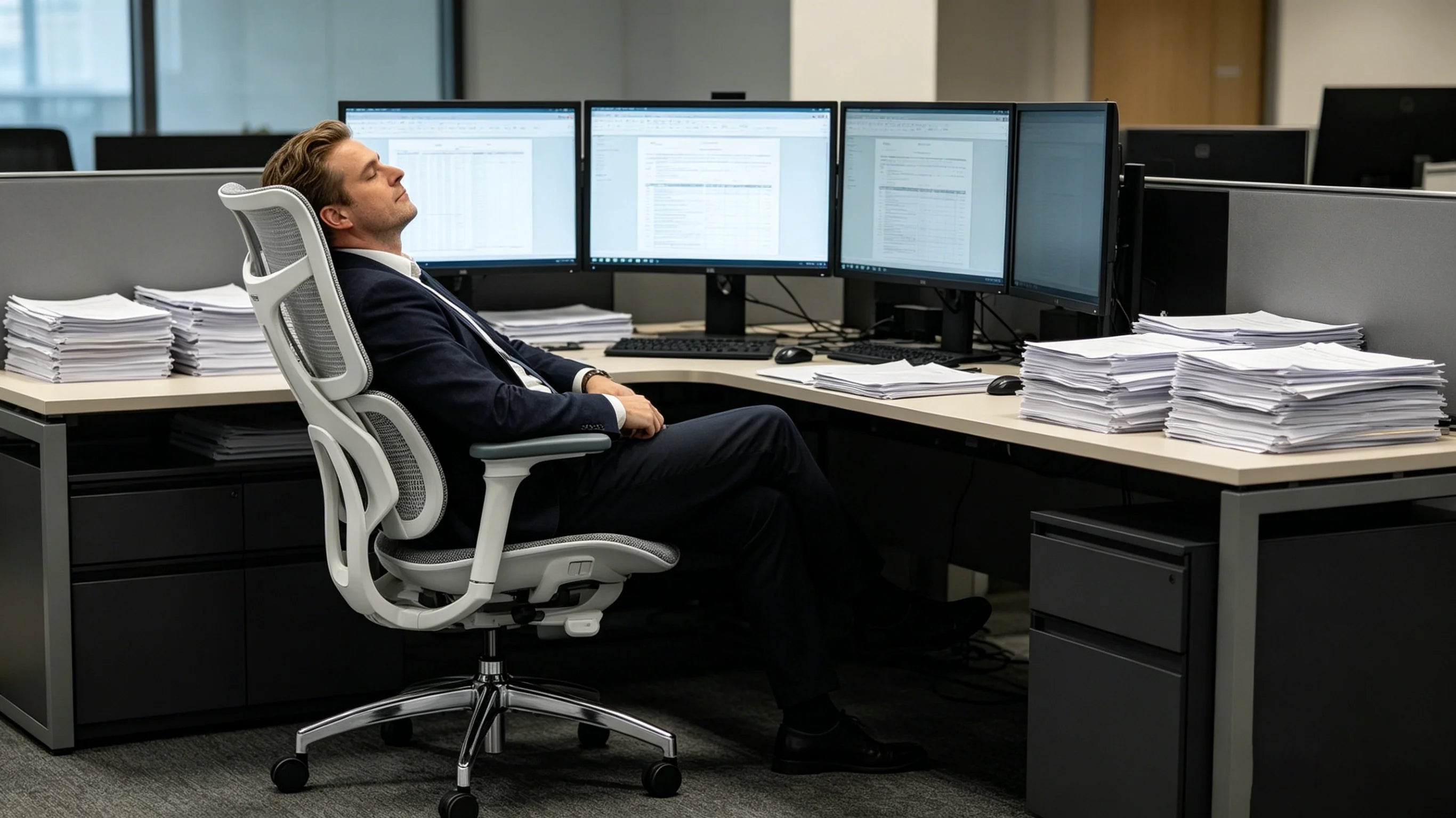 A lead auditor utilizing the 140-degree recline on the ergonomic office chair for a restorative brainstorming break.