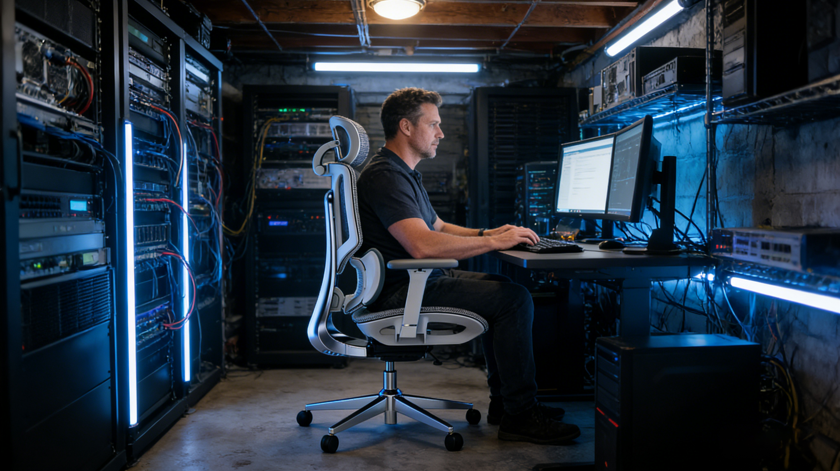 A creative illustrator in an Oslo studio using a high-back mesh chair with armrests flipped up.