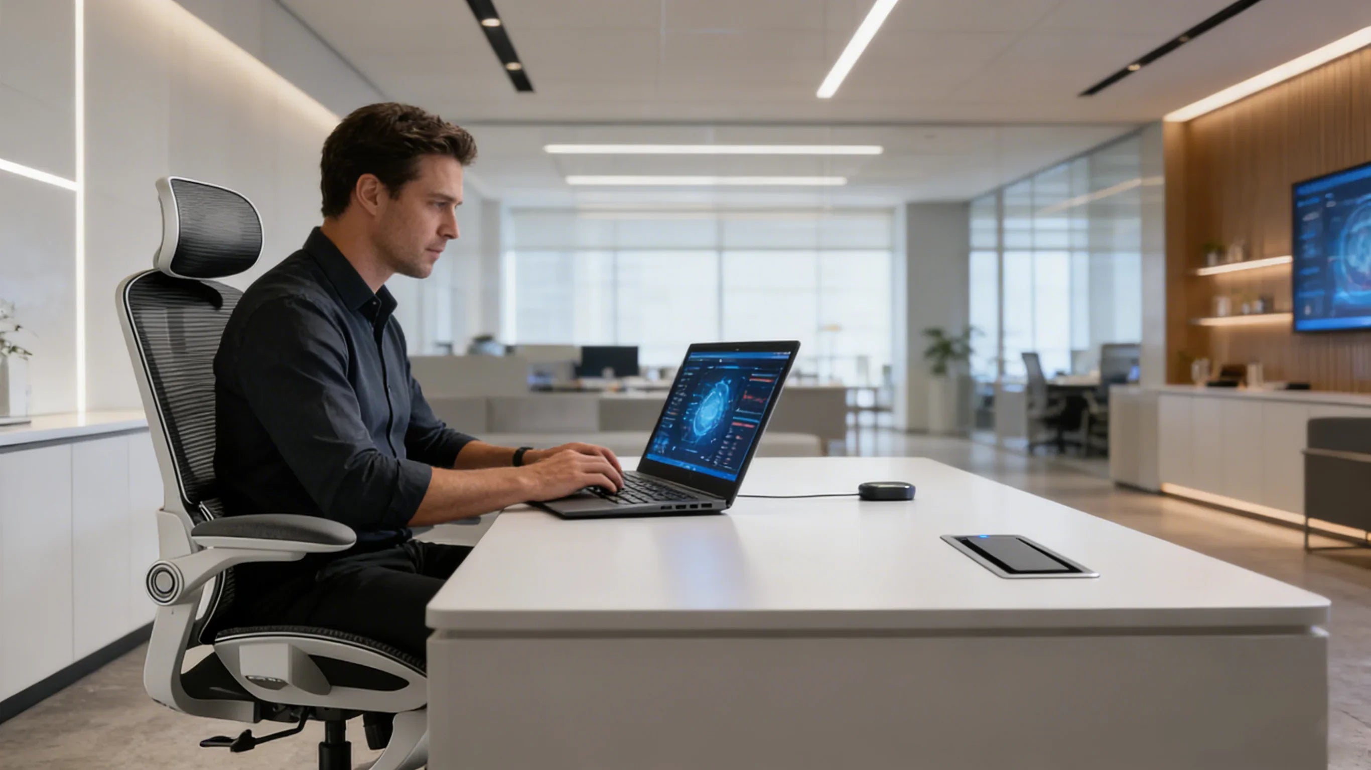 A cybersecurity expert in Austin sitting in an ergonomic officechair with 3D armrests.