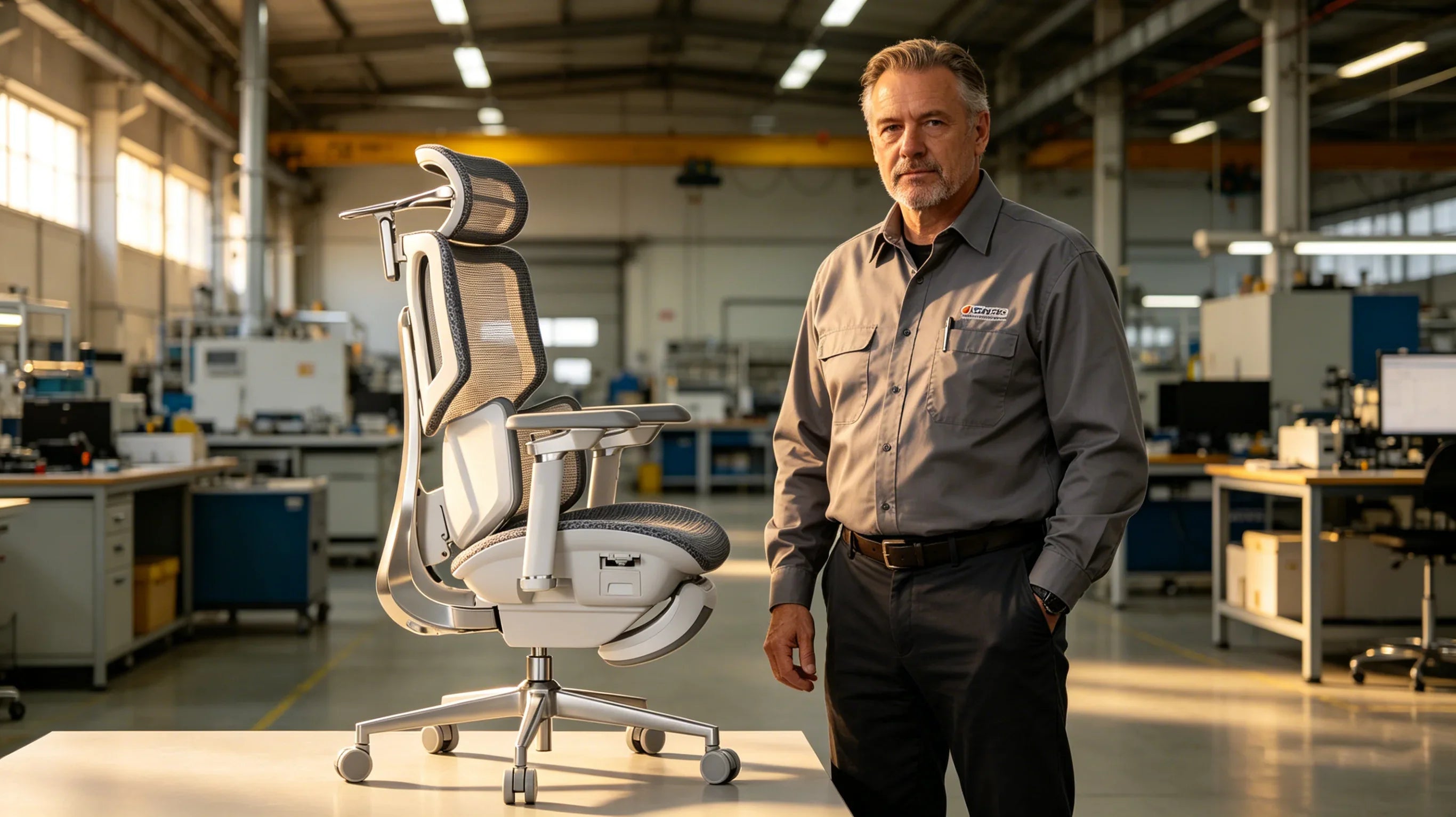 A senior European industrial engineer measuring the [**back support desk chair**] tolerances.