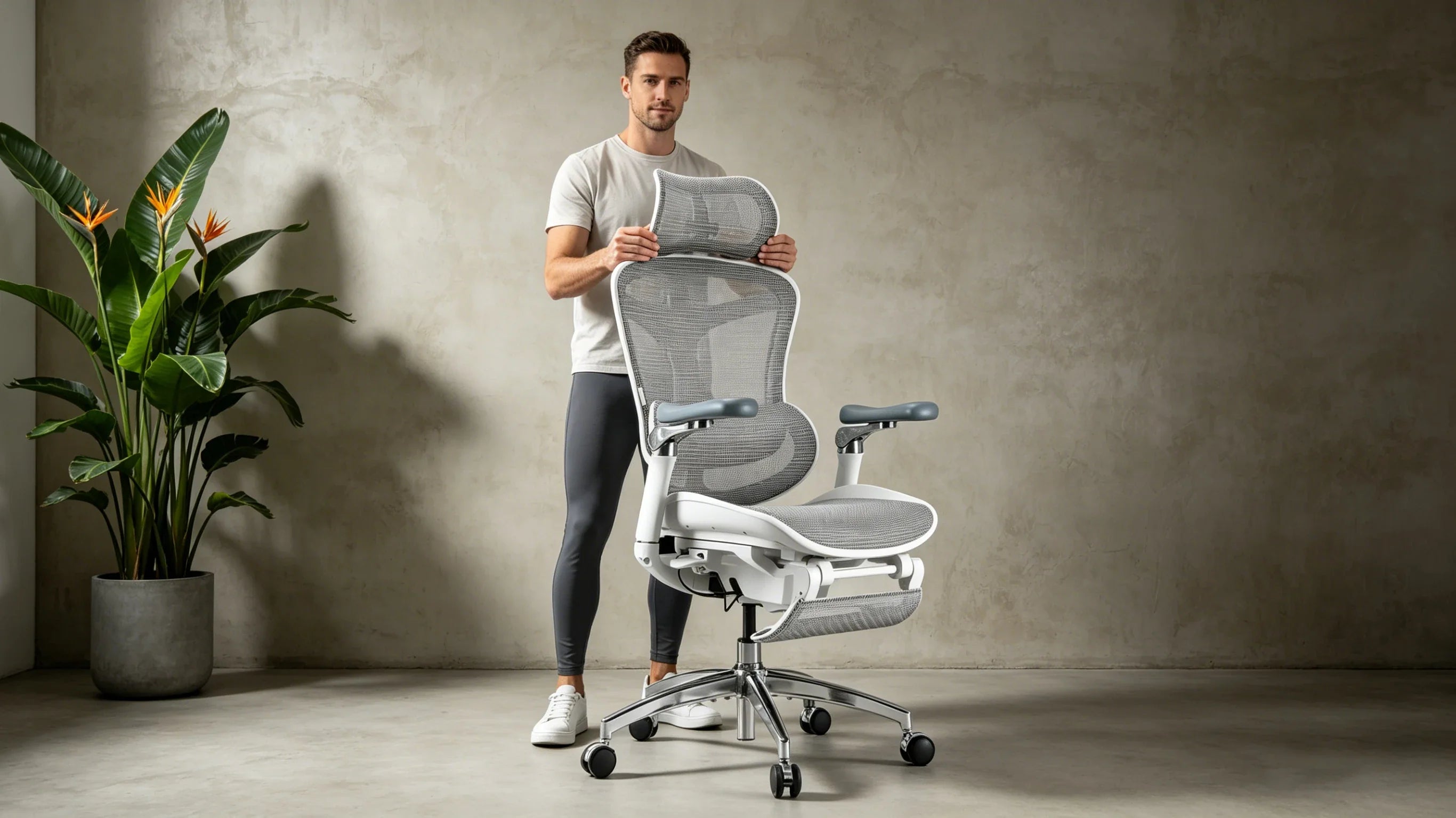 Full body view of a 38-year-old Caucasian female physiotherapist demonstrating [back support for chair office] by leaning into the lumbar zone.
