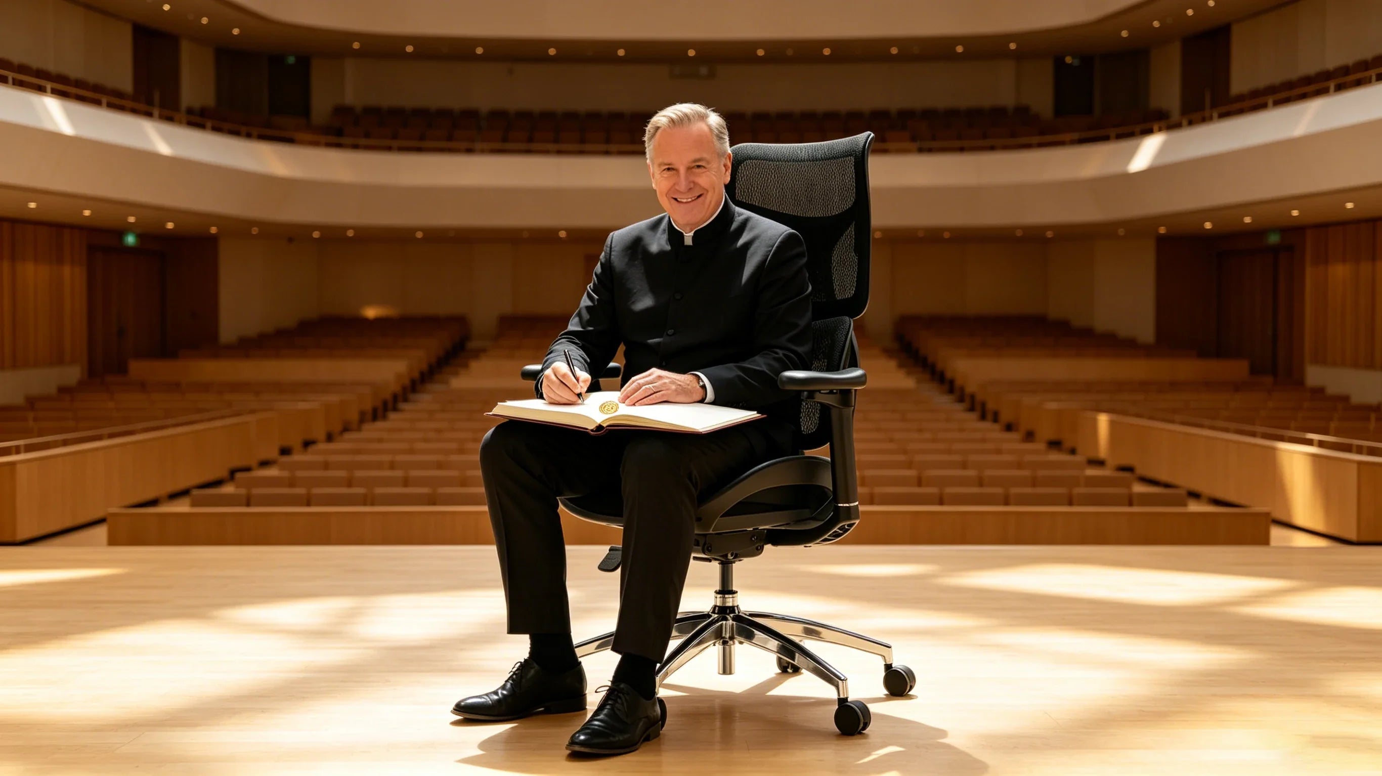Full body shot of Maestro Julian Sterling sitting deeply in the [comfortable desk chair] inside a symphonic audio control room, total figure visible.