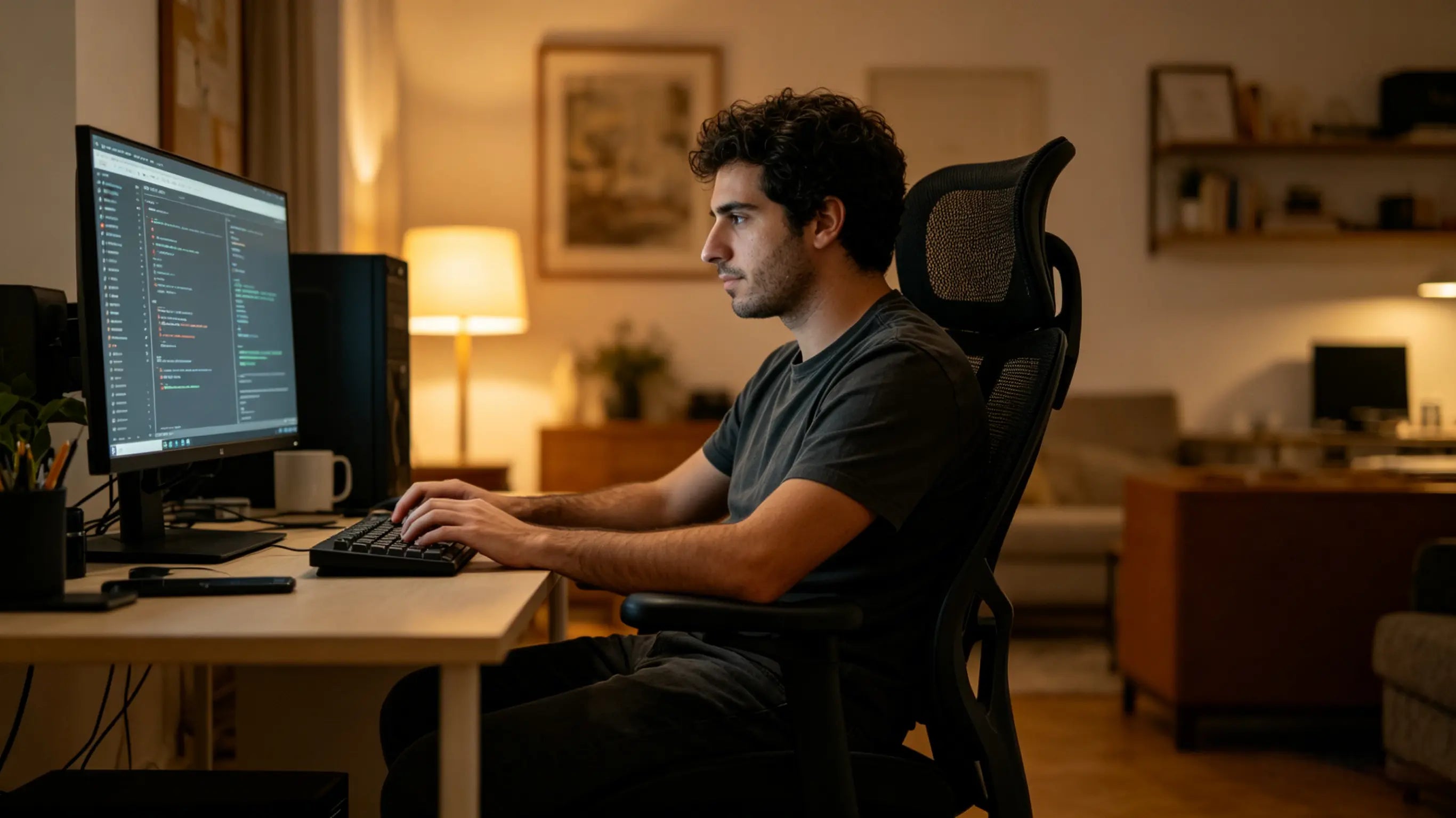 Andrés trabajando en su código sentado en su silla escritorio Ergo Select con triple monitor en Valencia