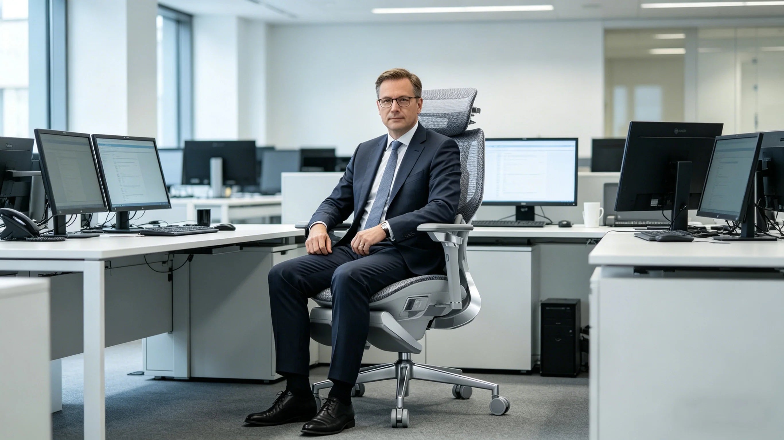 Gesundes Arbeiten in der Verwaltung am Bürostuhl öffentlicher Dienst.