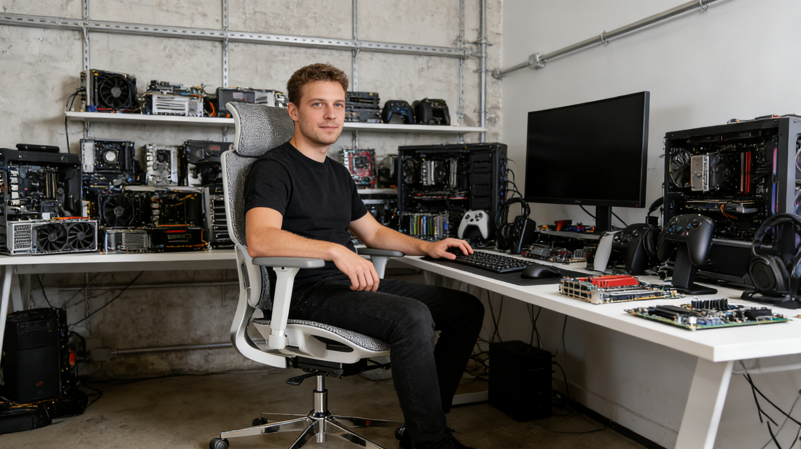 A hardware reviewer in a Berlin studio sitting in a professional black game gaming chair.