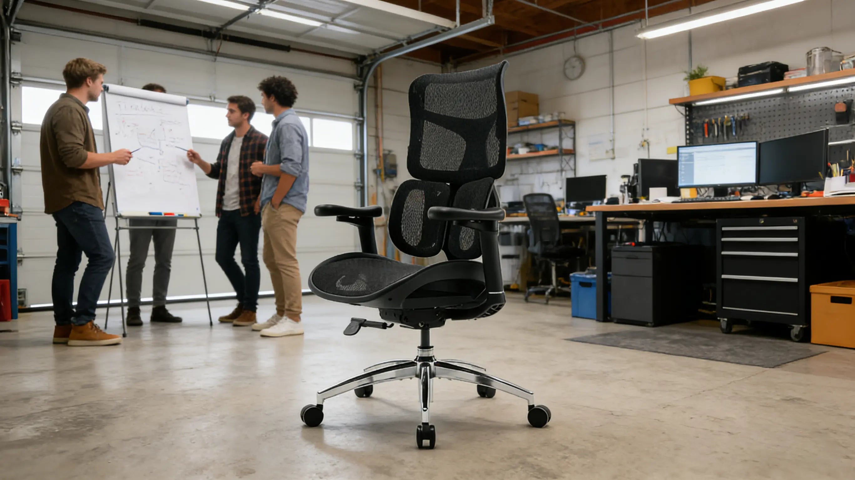 The Ergo Select Hybrid, identified as the best budget ergonomic office chair, featured in a high-productivity small office setup.