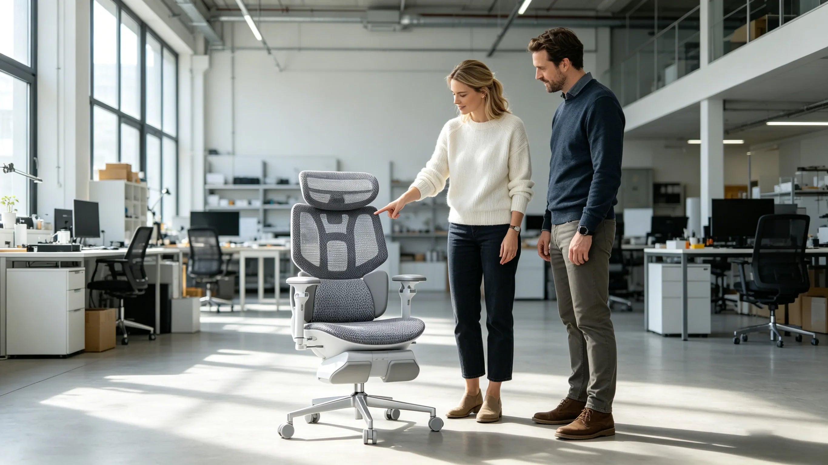 An interior designer recommending the AI-720 as the [best chair for back pain office] to her client in a sunlit studio.