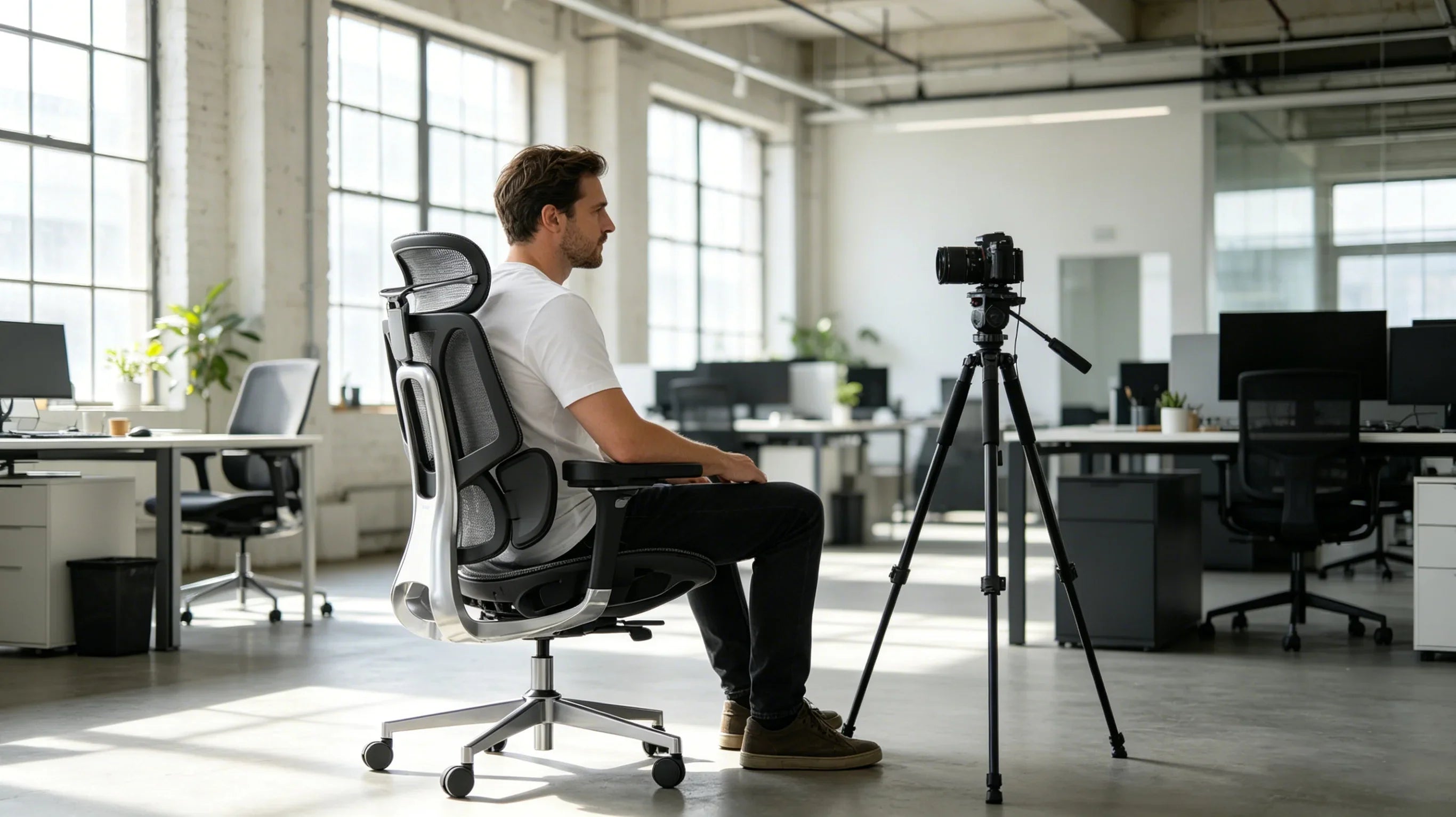 A professional European reviewer showing the dynamic features of the [**best chair for back pain office**] in a studio.
