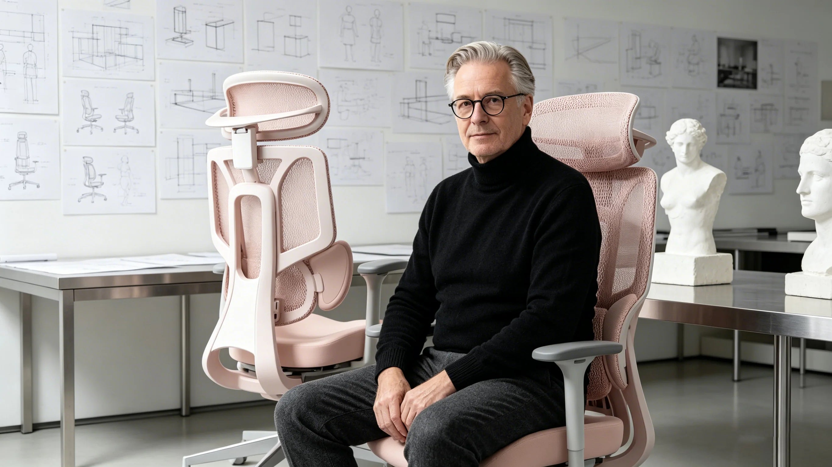 Professor Dieter reviewing the AI-720 [best chair for ergonomics] in his Berlin studio.