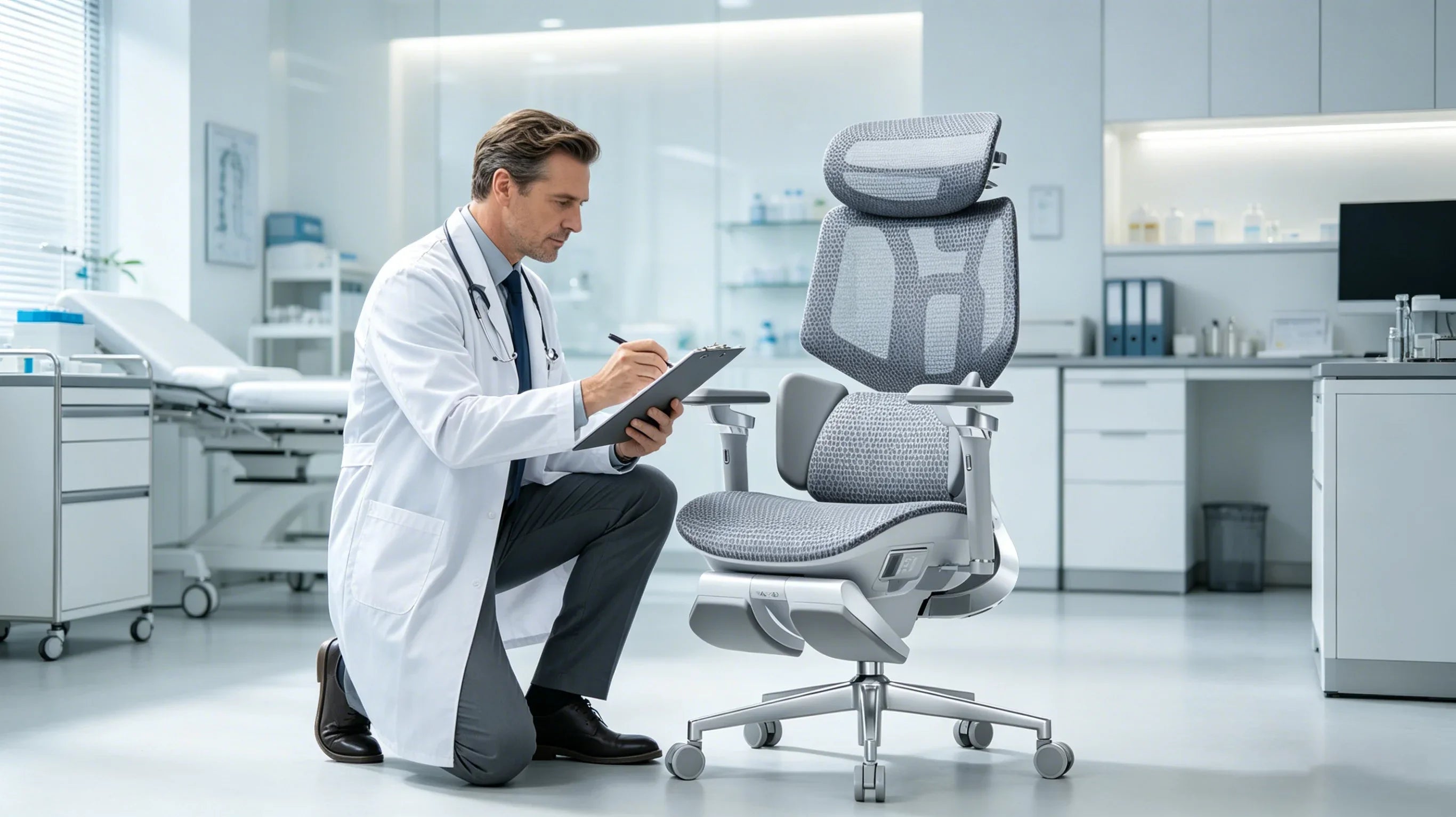 A spinal health chart next to the AI-720, labeled the [best chair for office back problems].