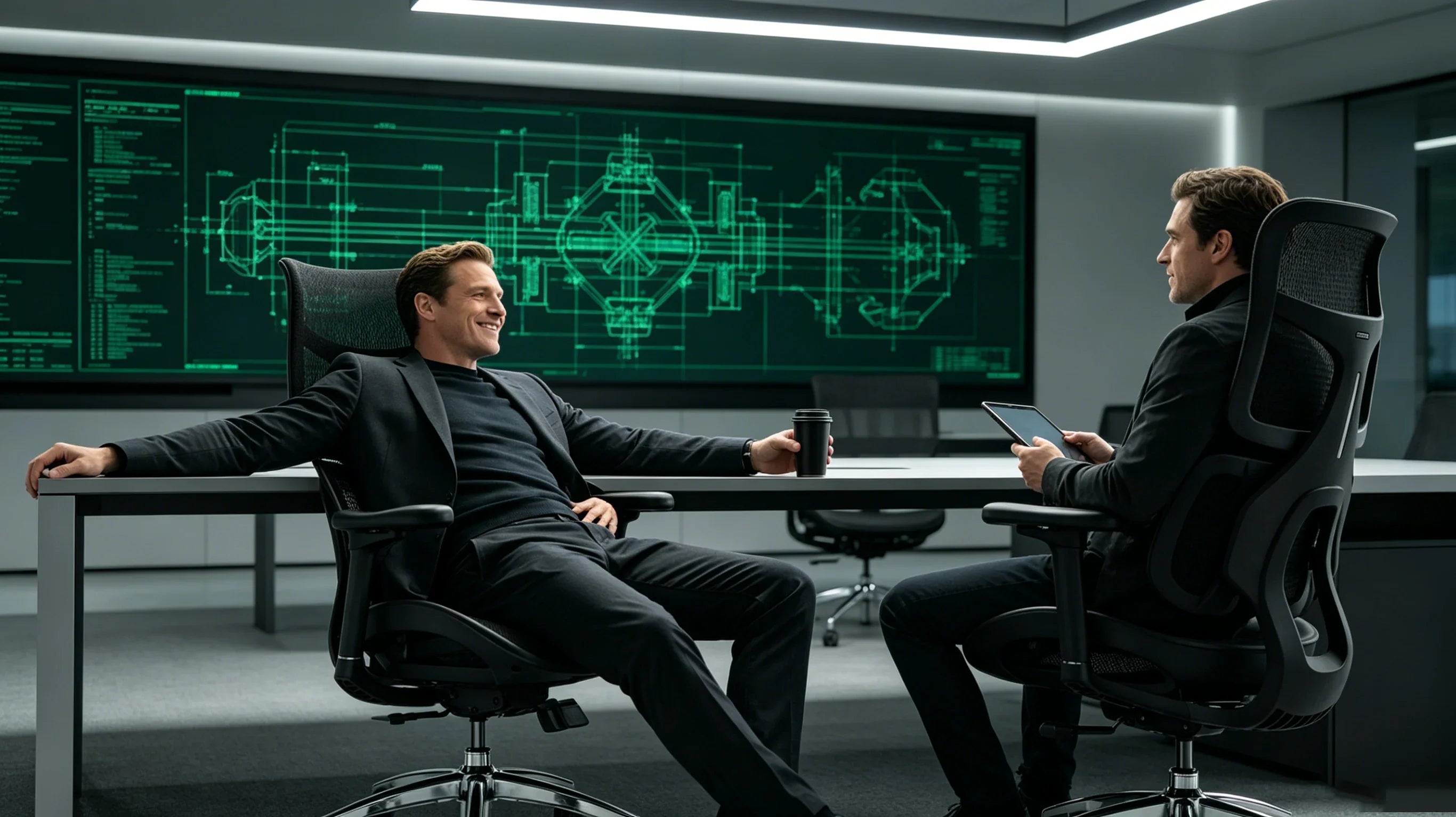 Full body shot of Garrick Vance leaning over a carbon fiber desk from the [best chair office ergonomic], complete figure with zero cropping.