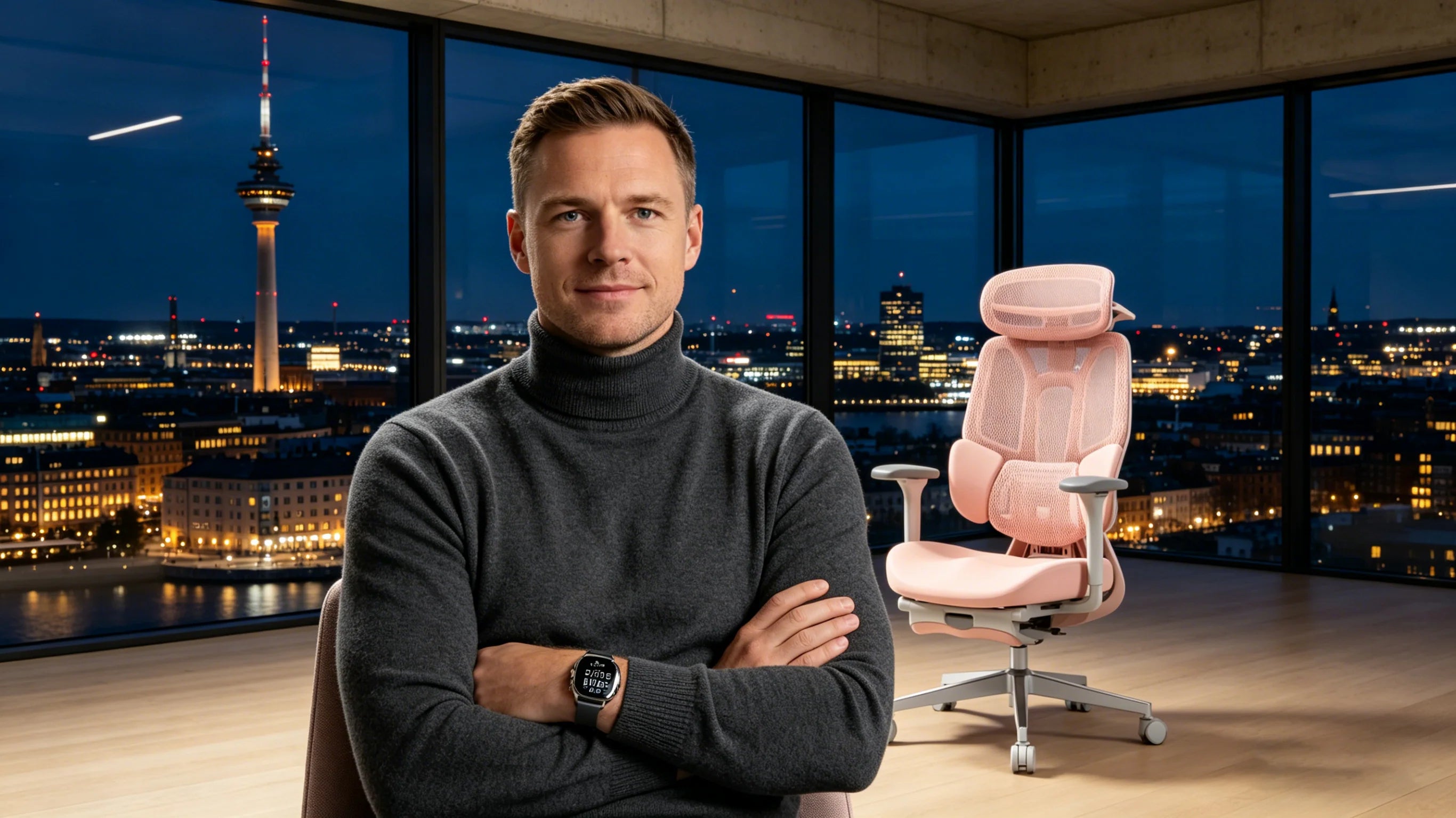 Lukas in his Stockholm executive office with the [best chair office ergonomic] in pink.
