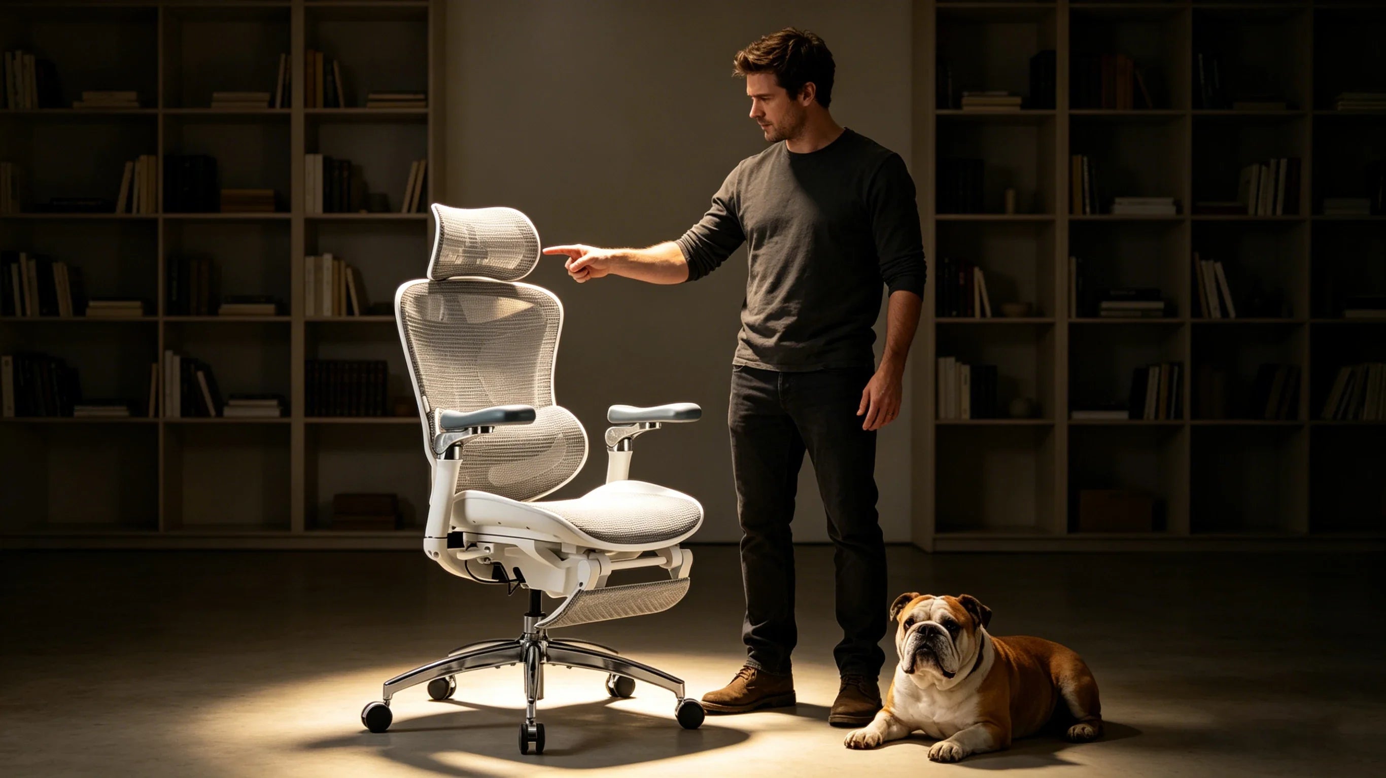 Full body view of a 38-year-old Caucasian male software engineer in a charcoal sweatshirt sitting in the [best desk chair for back pain].