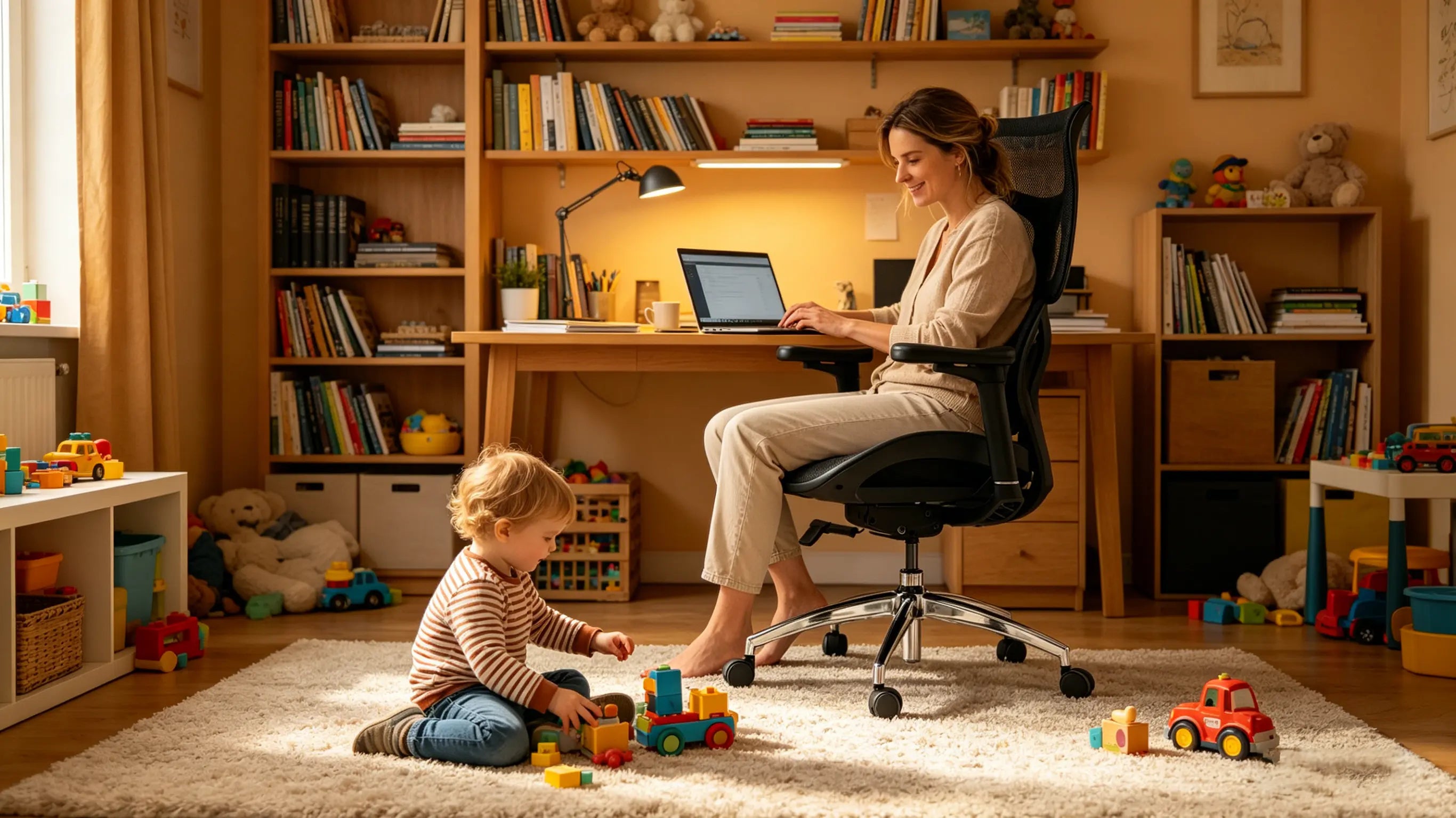 The Ergo Select Hybrid, the best desk chair for back pain, in a cozy home office setup used by a busy parent.