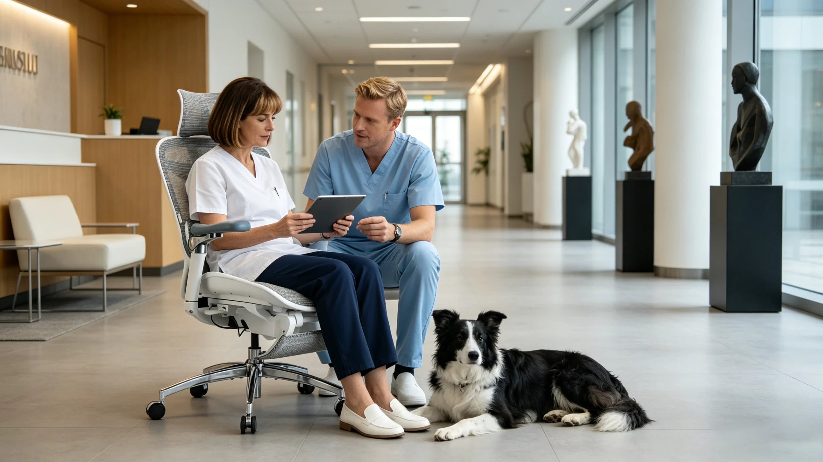Full body view of a 45-year-old Caucasian female specialist in white scrubs sitting in the [best desk chair for back problems].