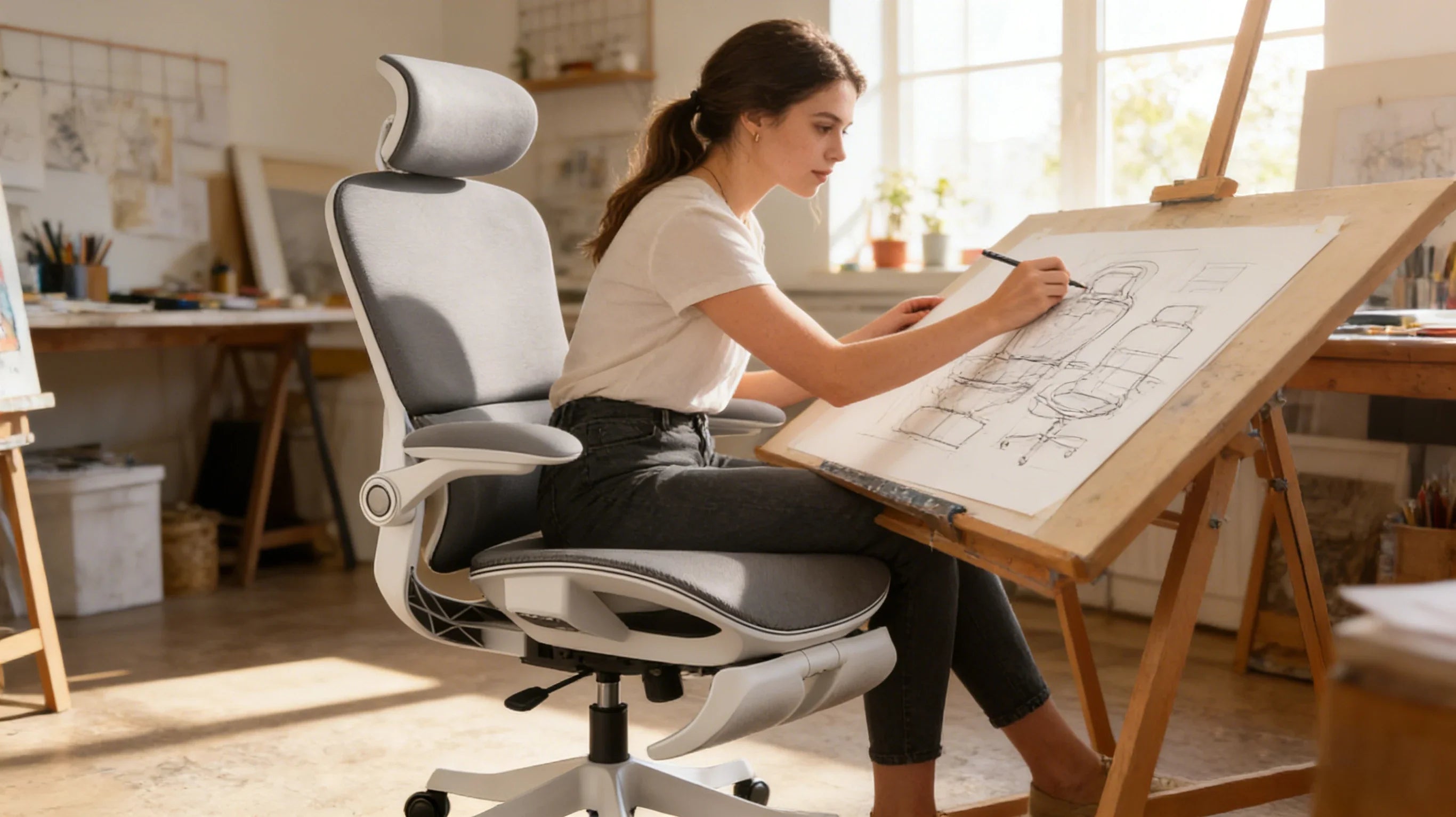 A focused creative professional in a bright home studio sitting in a sleek, high-back erganomic chair.
