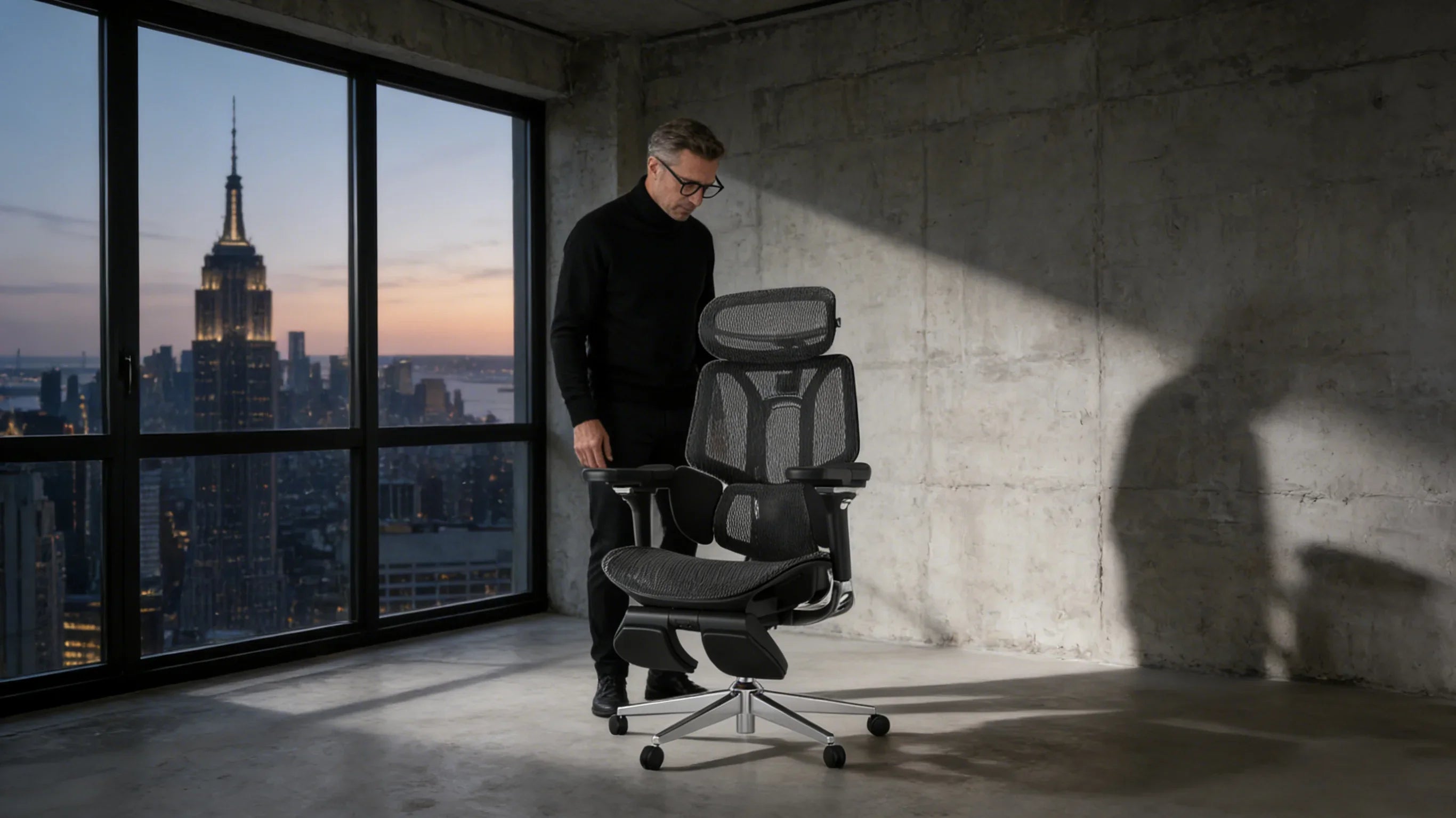 A European designer standing next to the [**best ergo chair**] in a minimalist studio.