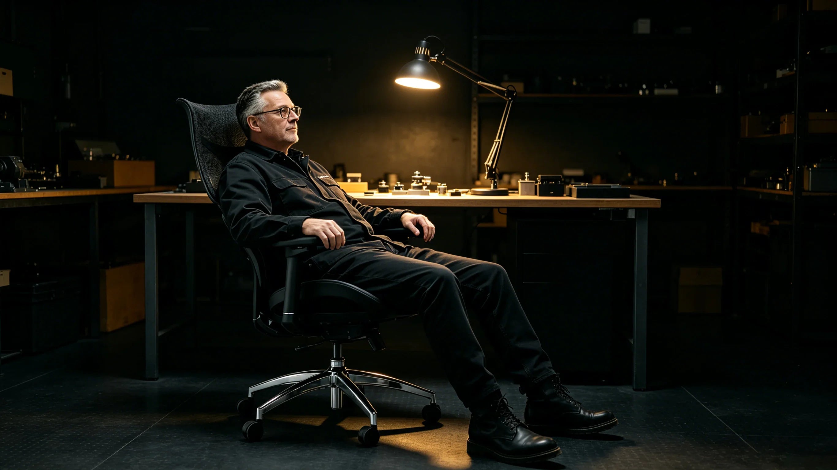 Full body shot of Garrick Vance sitting precisely in the [best ergo chair] at a solid wood watchmaking workbench, total figure visible.