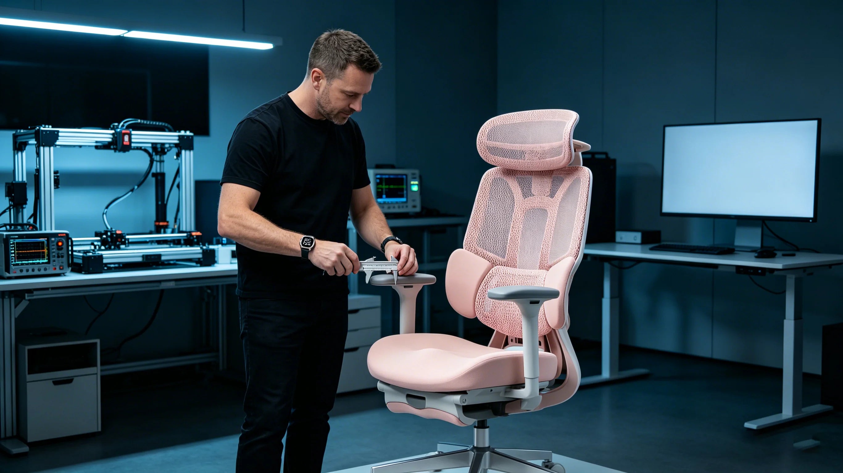 Marcus examining the frame architecture of the [best ergo chair] in his lab.