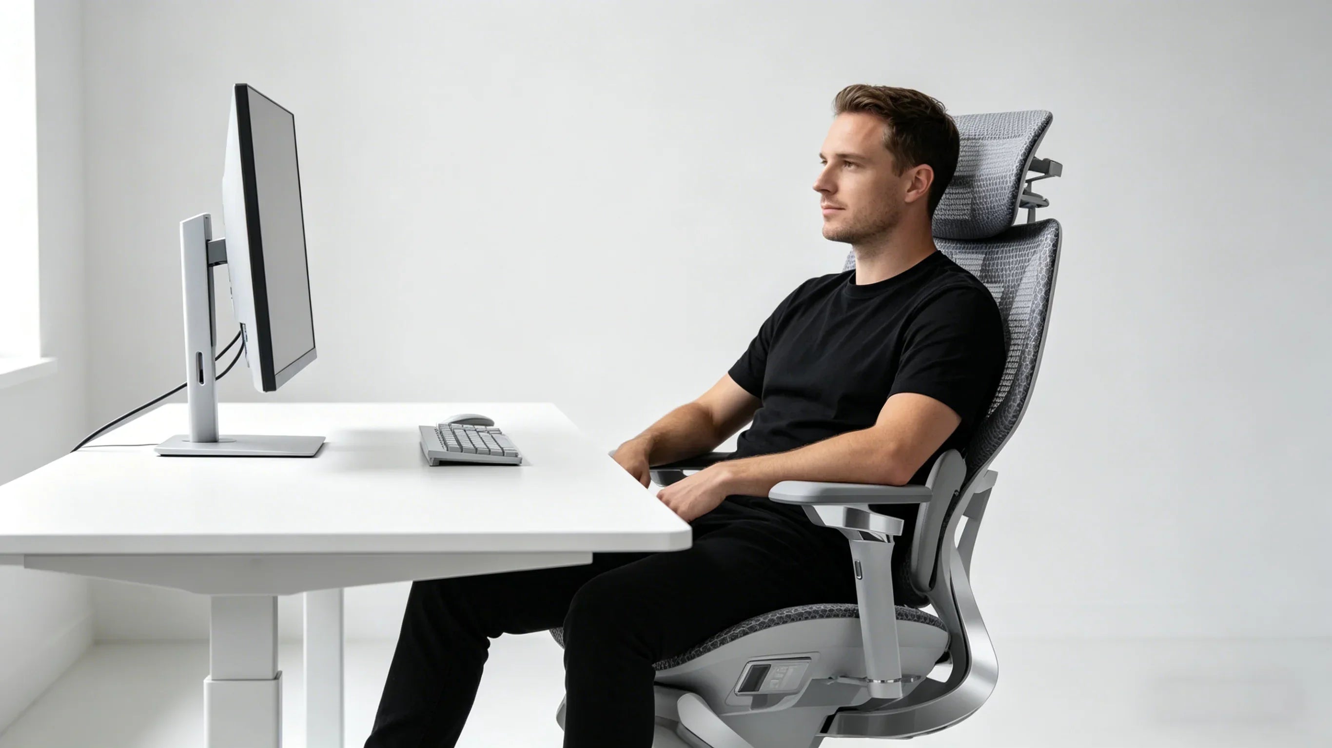A European software architect optimizing his workflow in the [**best ergo chair**].